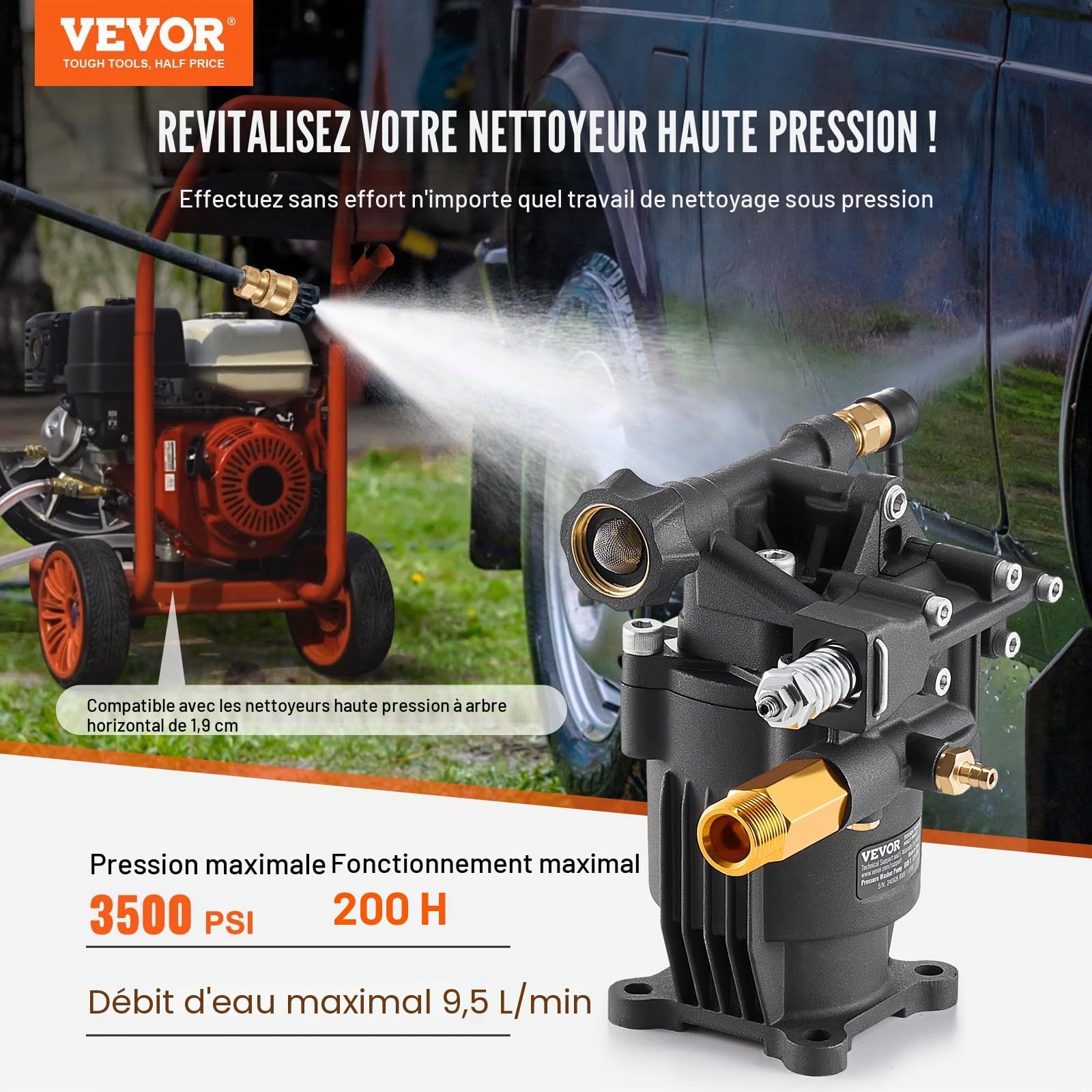 VEVOR Pompe de nettoyeur haute pression, arbre horizontal de 19,05 mm, 3500 PSI, 2,5 GPM, kit de pompe de remplacement avec 5 buses, quincaillerie, tube siphon, pour Simpson, Honda, Troy-Bilt, Generac