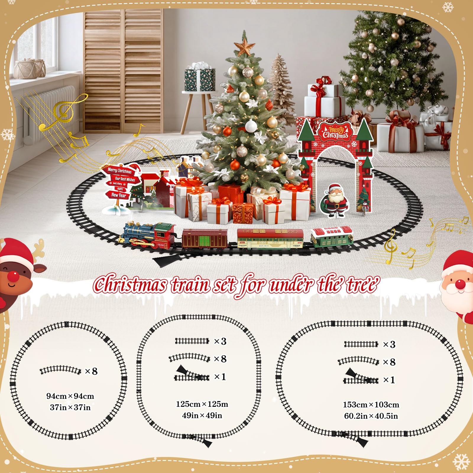 Tren de Navidad eléctrico retro con luces, sonido y vapor, batería recargable USB, locomotora y vagones, con vías y escena decorativa, juguete navideño para niños desde 3 años, ideal debajo del árbol.