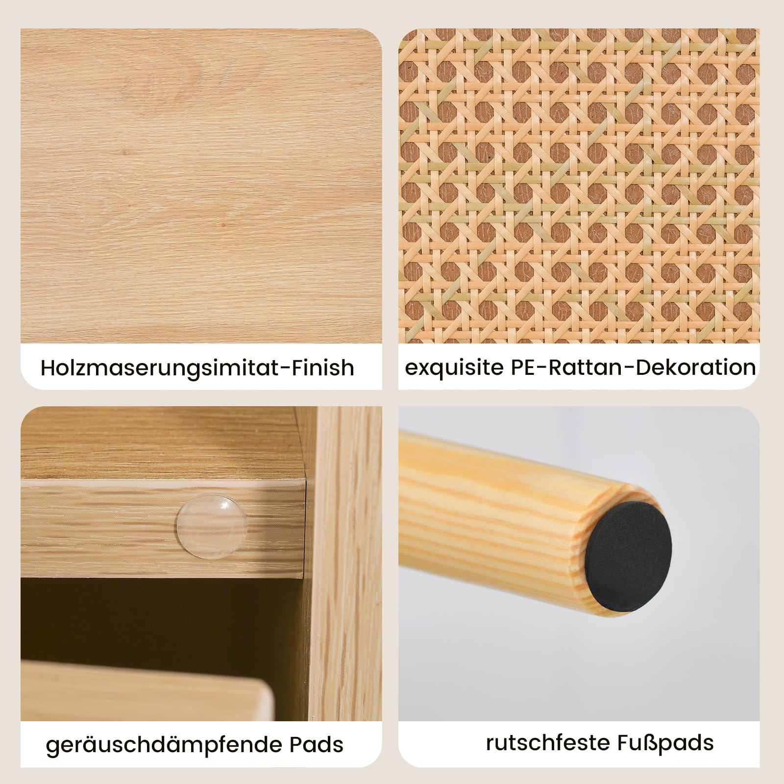 RELAX4LIFE Mesita de noche con armario de puerta y estante abierto, mesita de noche con superficie de ratán y patas de madera, mesa auxiliar para salón, dormitorio, color natural