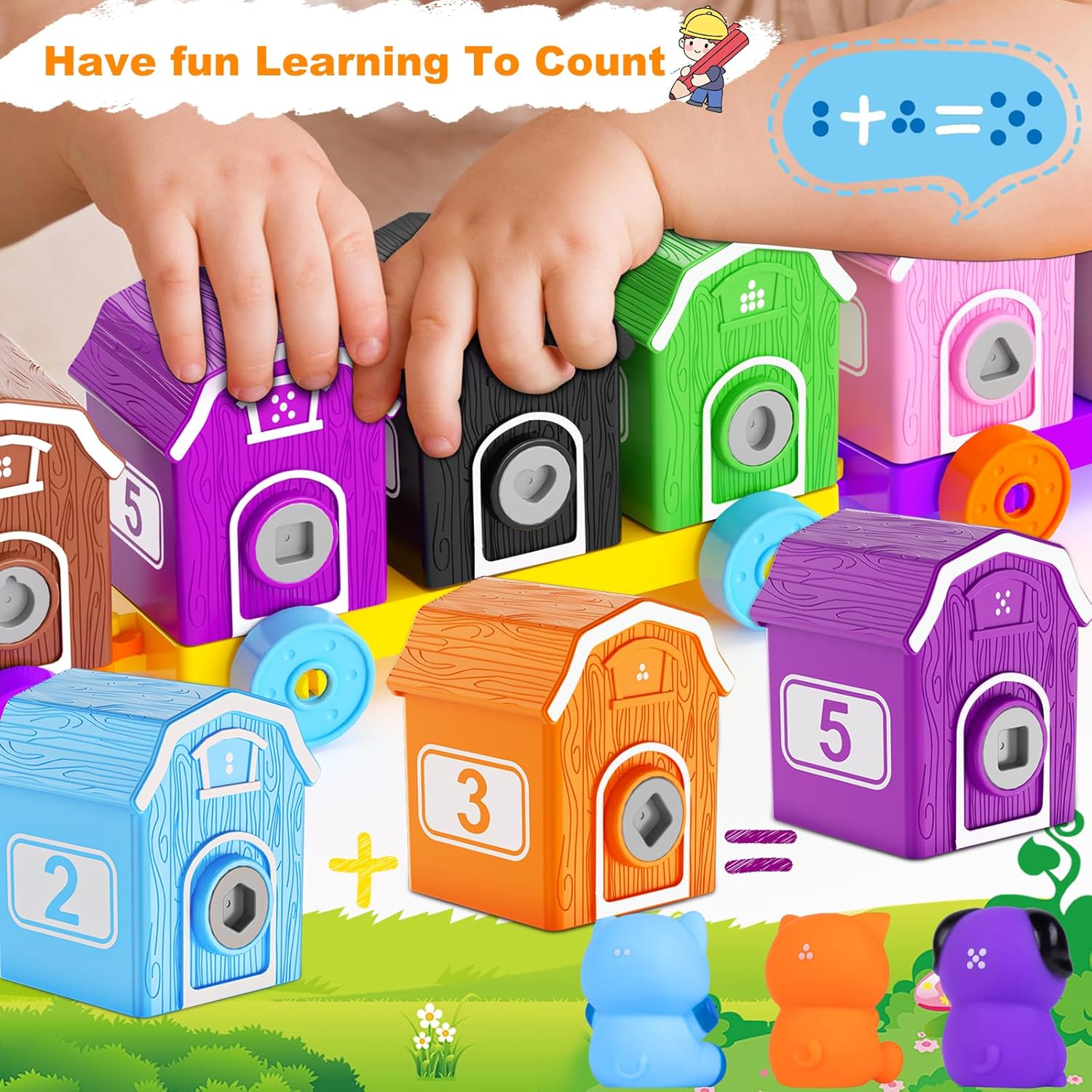 Learning Toy for Toddlers 1 2 3 4 Year Old, Counting, Matching, Sorting, Fine Motor Skills, Montessori Train Toys, 10 Farm Animals, Finger Puppet, Keys and Barns, Birthday Gifts for Baby Boys Girls