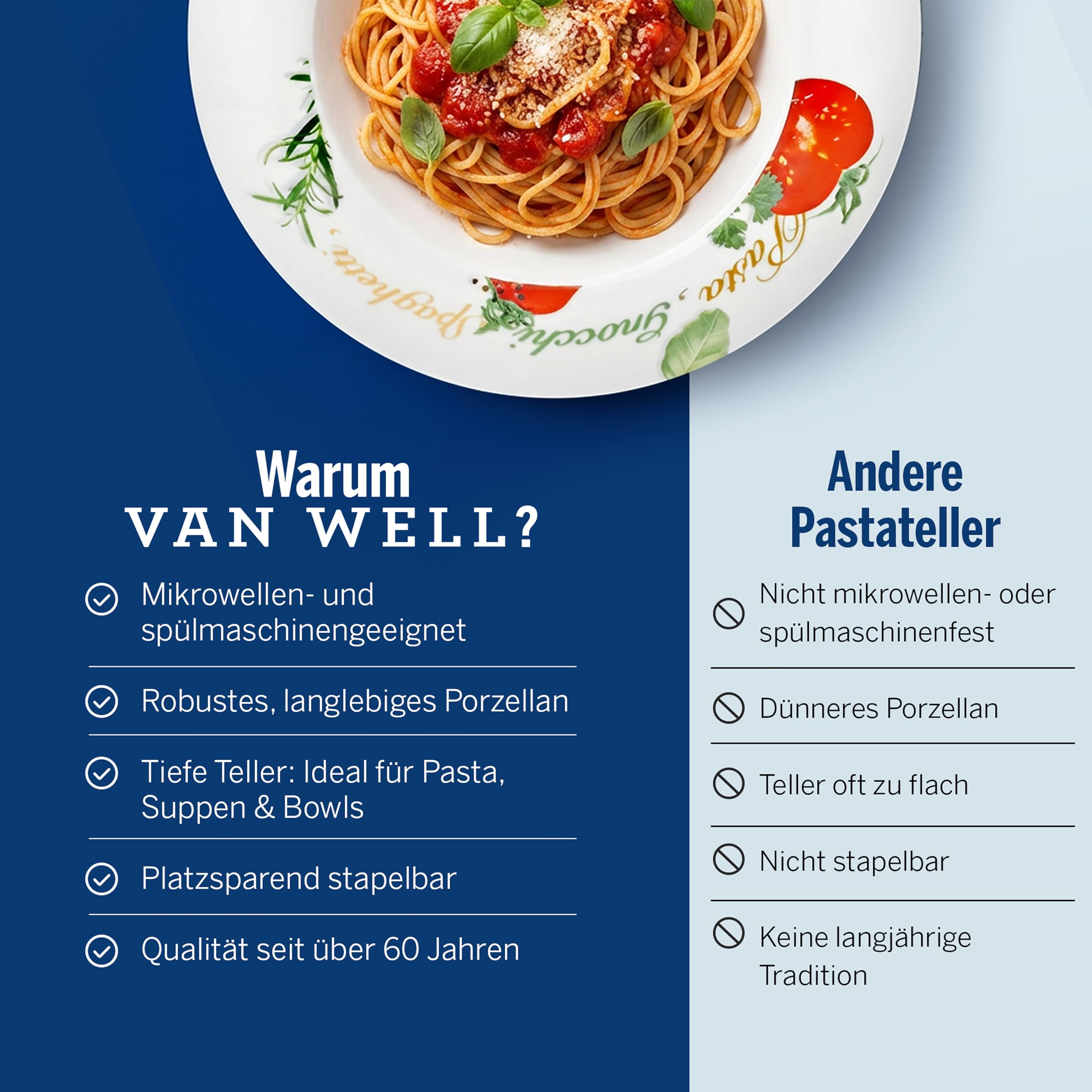 Van Well Milano Pastateller 6er-Set Ø 27 cm – Porzellan Pasta Teller im Milano-Stil – Tiefe Teller für Pasta, Bowls & als Suppenteller – Service & Geschirrset 6 Personen – Robustes Porzellan-Geschirr