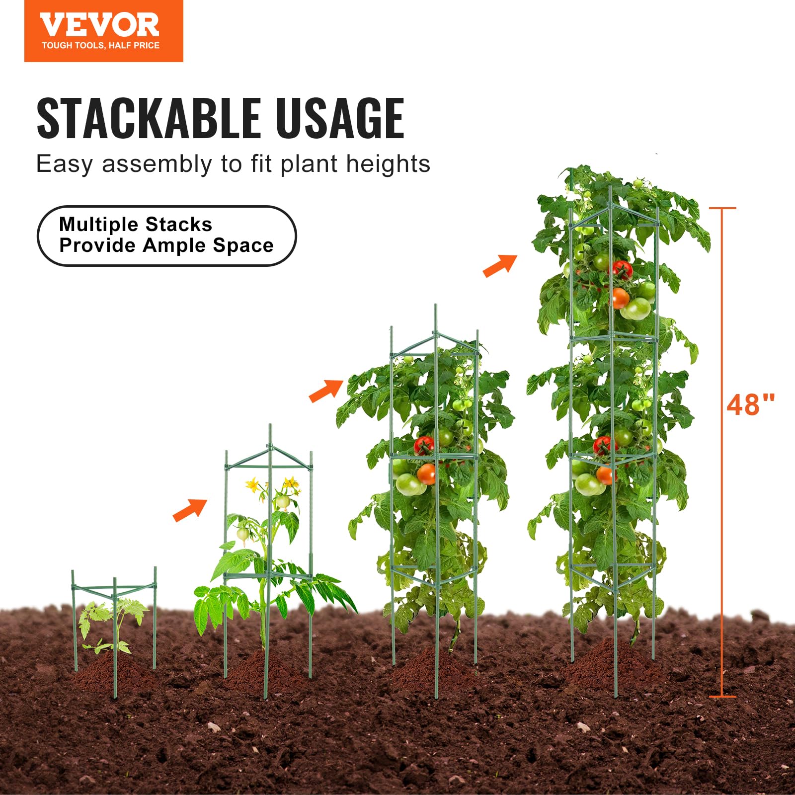 VEVOR Gabbie per Pomodori da Giardino 6 Pacchetti, Supporto per Pomodori 121,92cm, Gabbia Sostegno per Piante Alte Impilabile, per Aiuole Rialzate, Verdure, Fiori Piante Rampicanti da Giardino Orto
