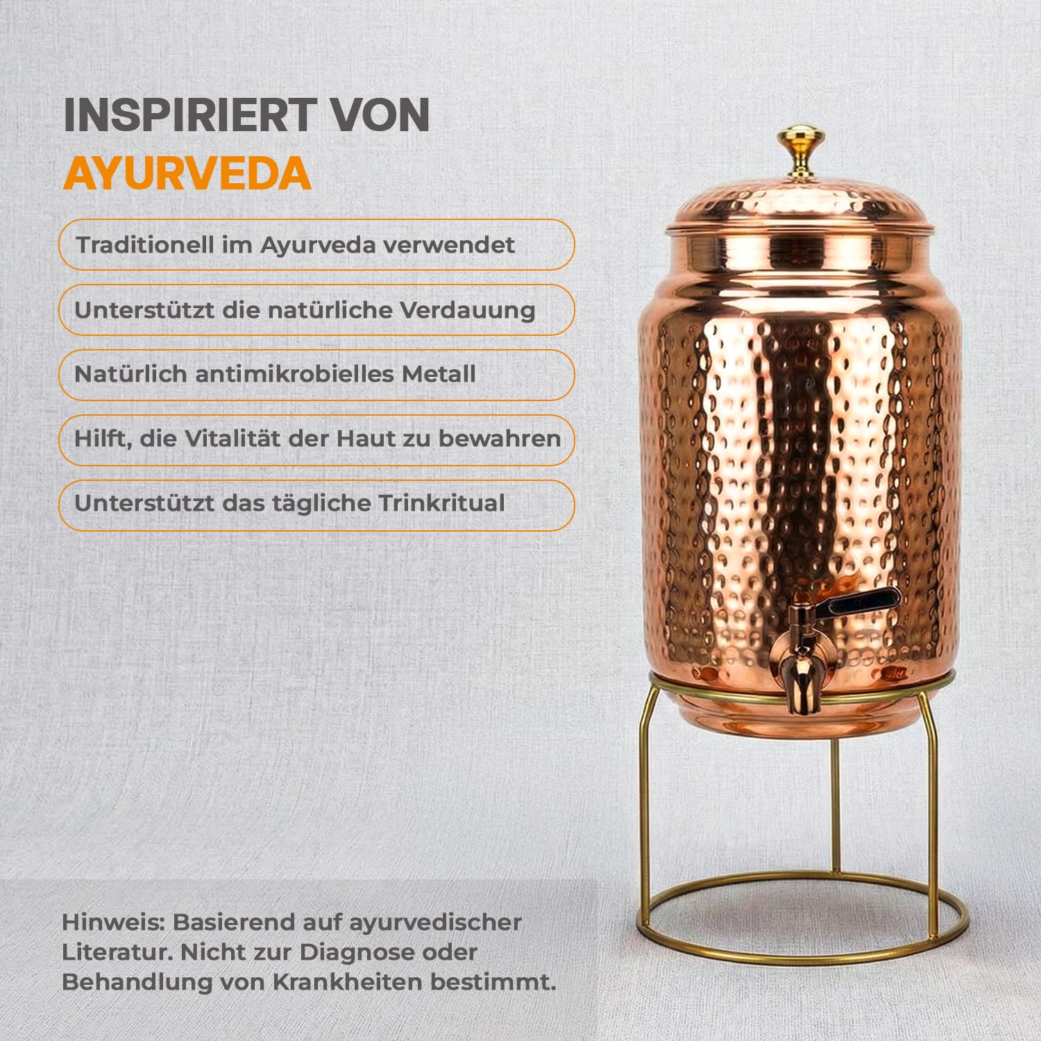 Distributeur d'eau en cuivre 5 l avec 2 tasses et support, réservoir cuivre pur, robinet anti-fuite