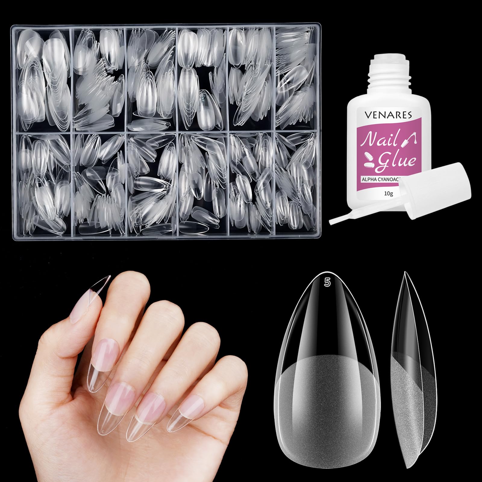 Almond Medium Soft Gel Tips, Venares Pack of 500 Artificial Nails, Short, 12 Sizes, Acrylic Nail Tips, Almond