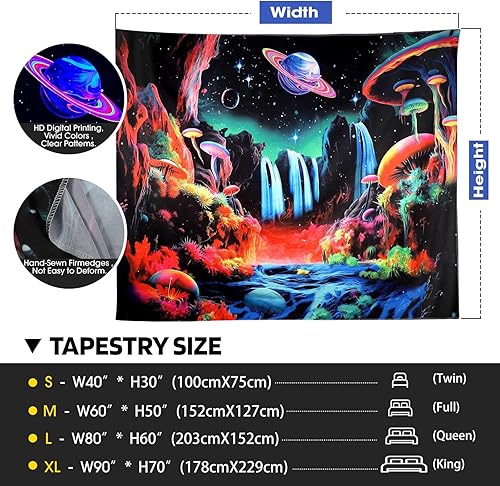 Miniatura 5 de ADDWel Tapiz de planeta de hongos con luz negra, fantástico tapiz negro que brilla en la oscuridad, pósteres de luz negra reactiva a los rayos UV