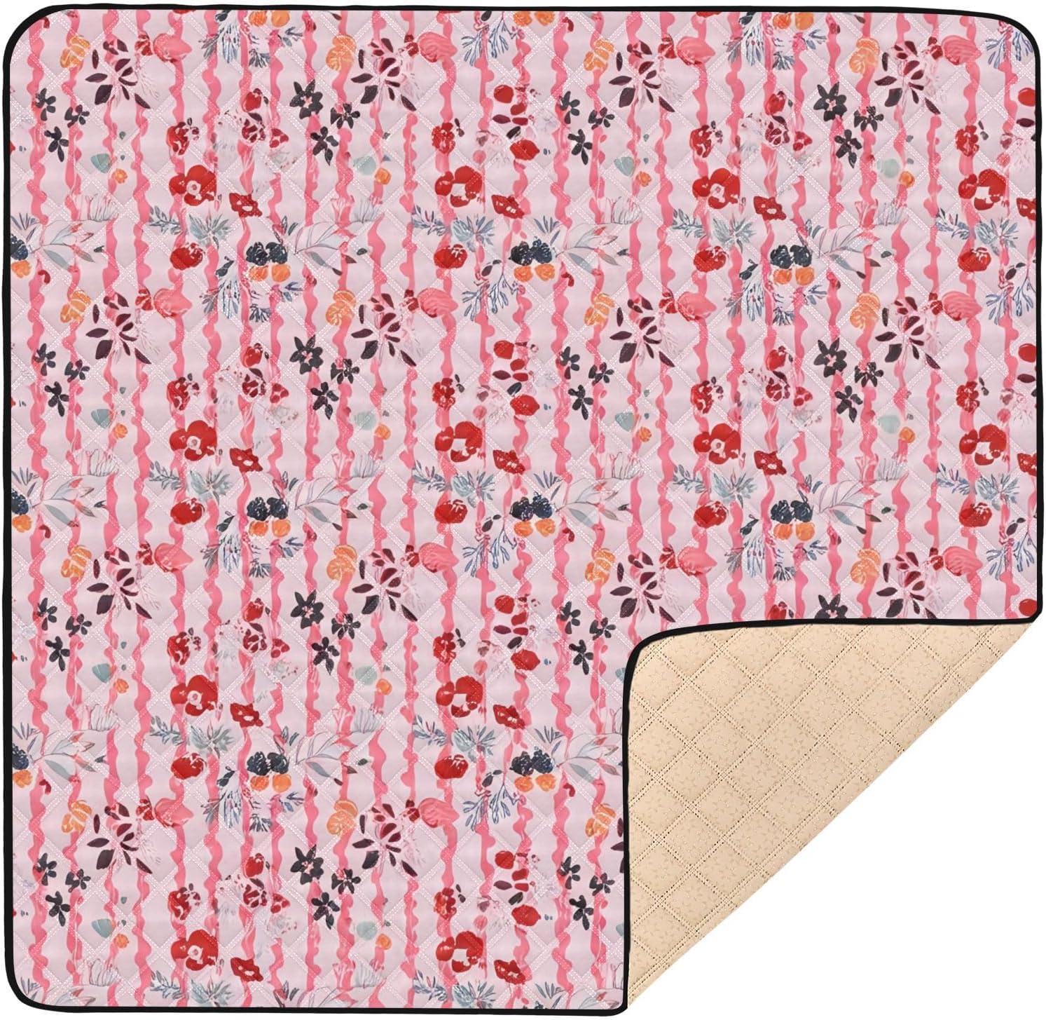 Pink Stripe Floral Pattern Baby Play Mat, 50“ X 50” Washable Folding Crawling Mat, Baby Floor Mat, Soft, Non-Slip