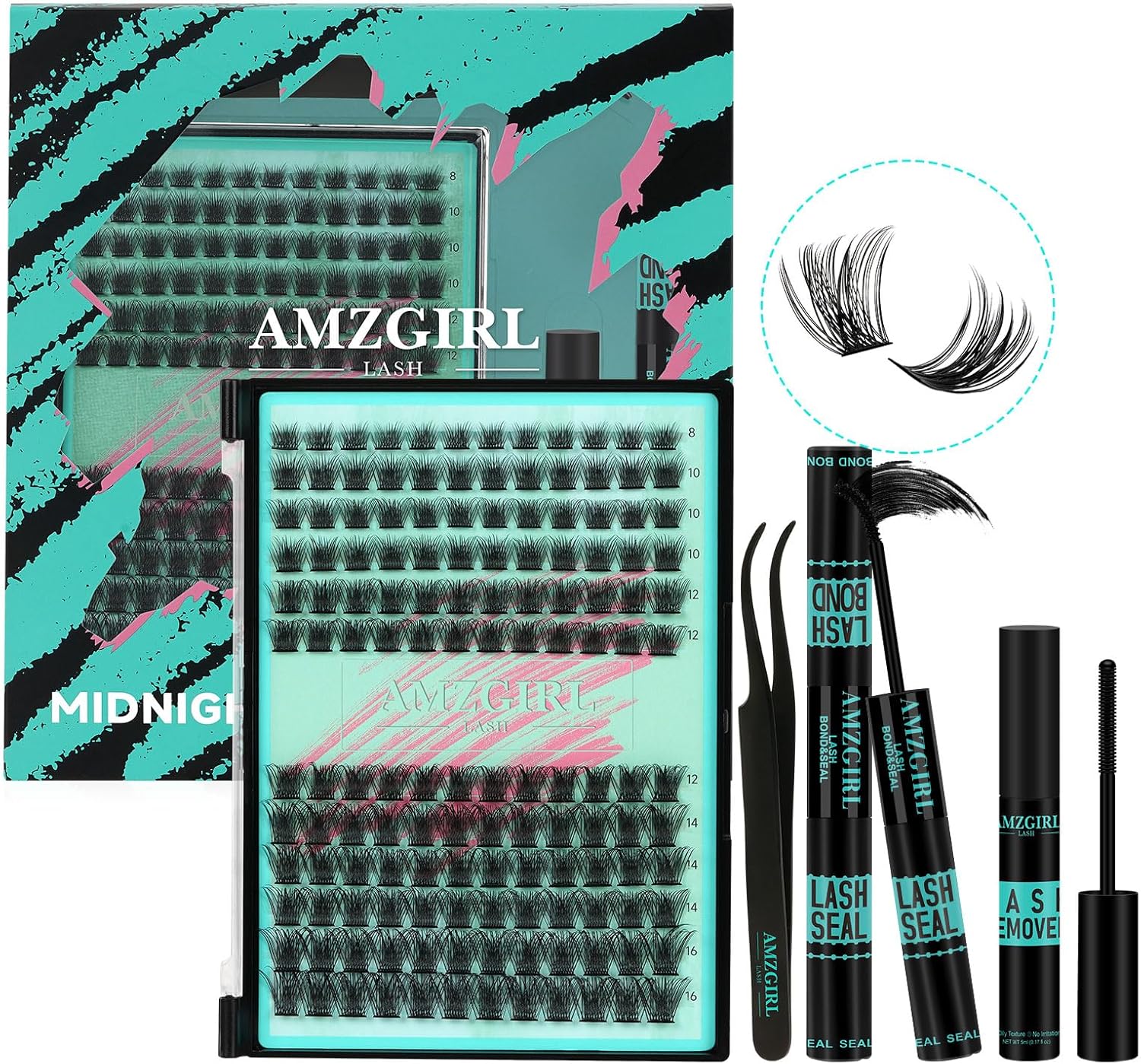 AMZGIRL LASH Midnight Doe-het-zelf wimperverlengingsset, 144 stuks, wimperlijm en afdichting, wimperlijmverwijderaar en applicator voor individuele valse wimpers, cluster (D-mix 8-16 mm kit)