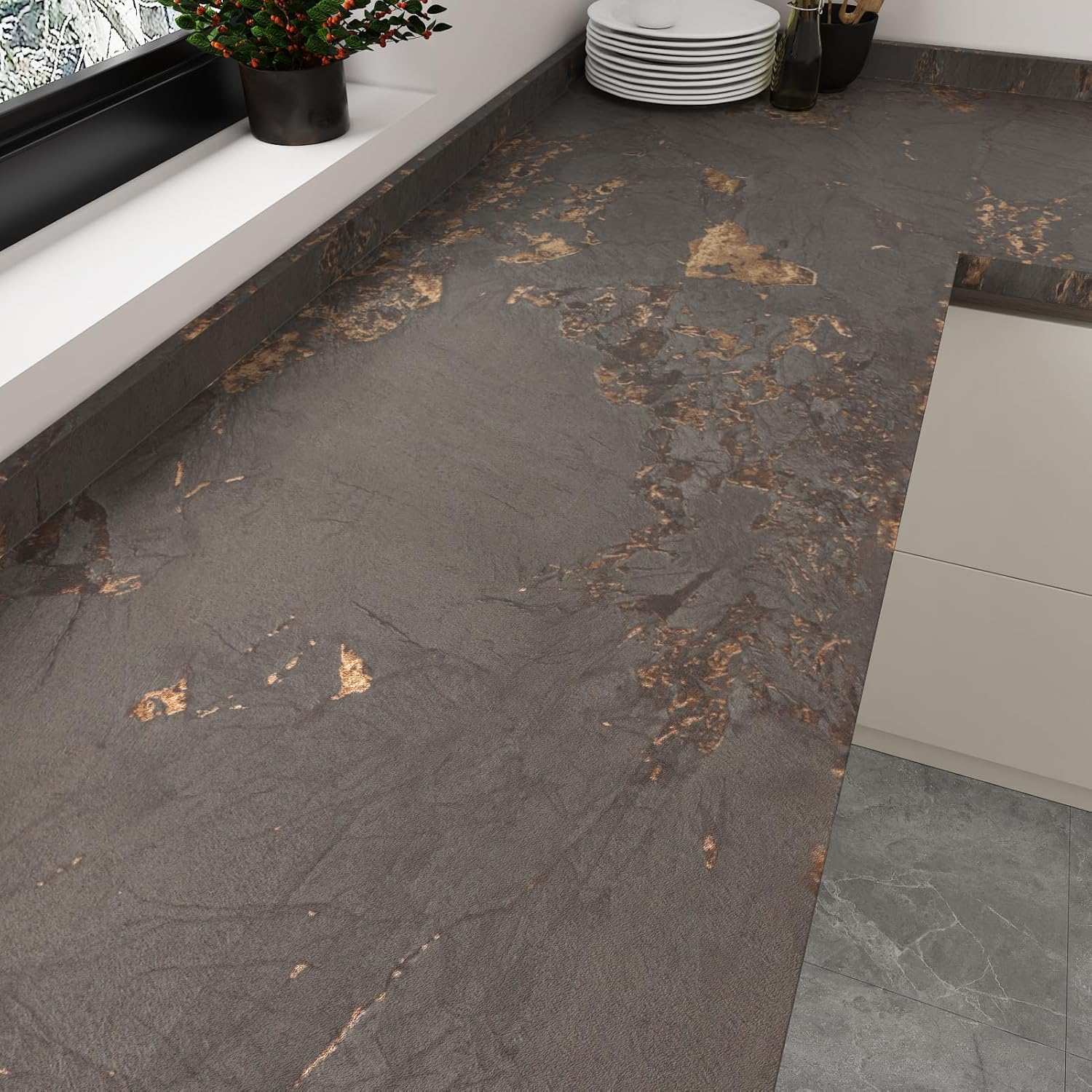 HotDecor Brown Gold Wallpaper for Living Room Kitchen Worktop Vinyl Wrap for Furniture Self Adhesive Brown Concrete Wallpaper Waterproof Worktop Vinyl Covering Retro Kitchen Wallpapers 60cm x 300cm