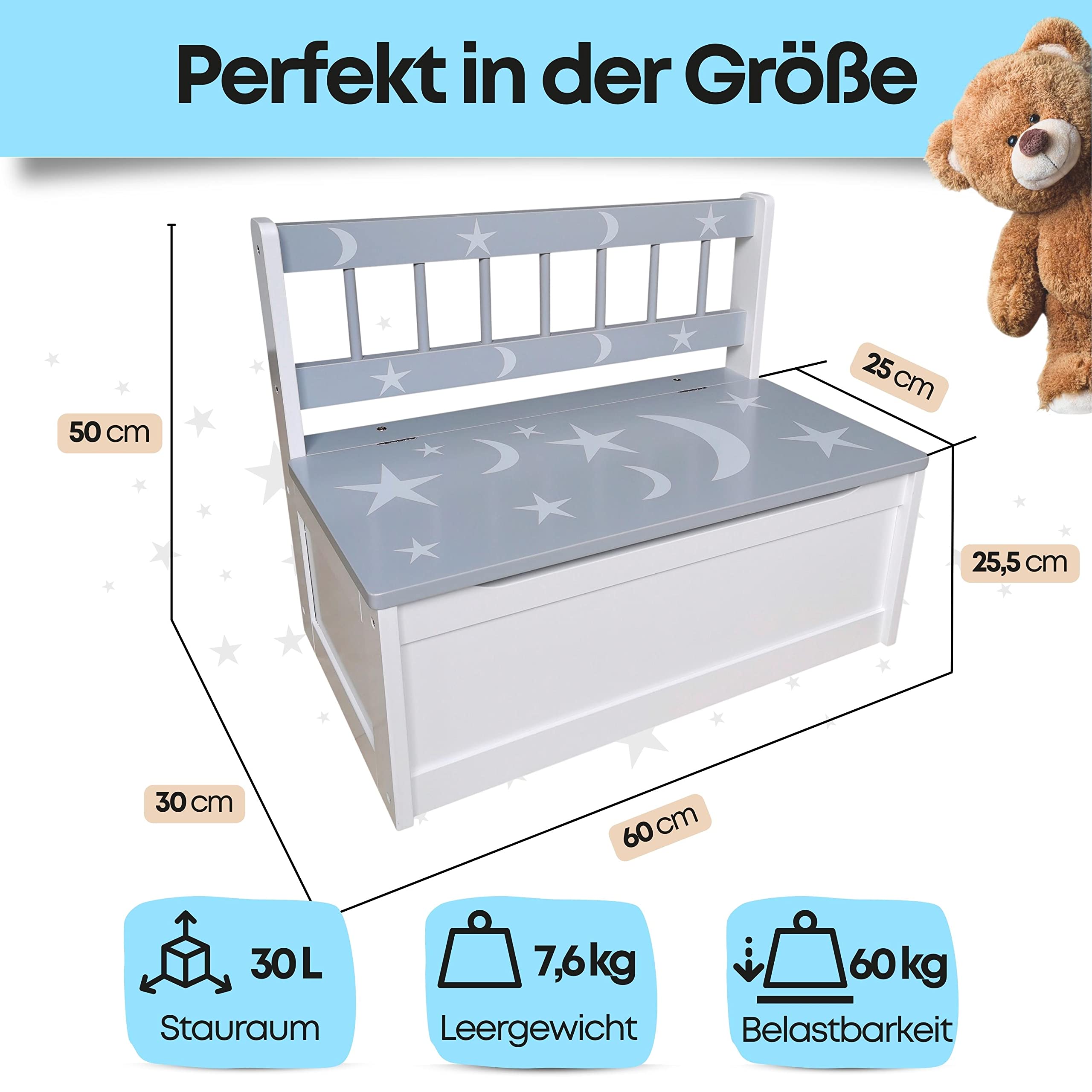 Schauer Kindersitzbank mit Stauraum aus Nadelholz - Spielzeugtruhe mit Sternenmuster 60 x 50 x 30 cm - Sitzbank/Sitztruhe für Kinderzimmer Aufbewahrung Ordnung grau/weiß