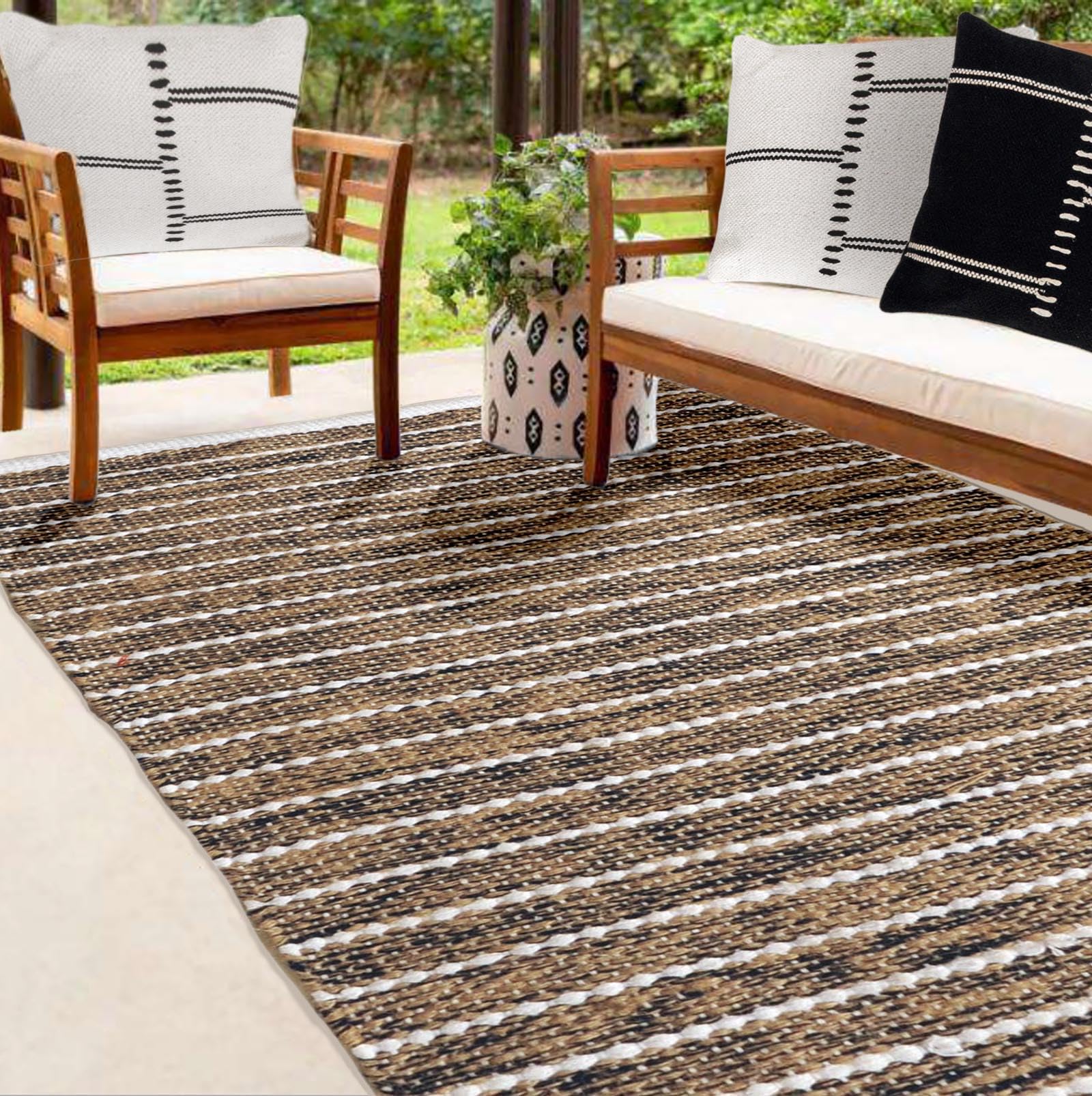 Atout Ciel Rectangular Rug in Jute and Cotton, Striped Effect, Black Beige Ecru, 100 x 150 cm