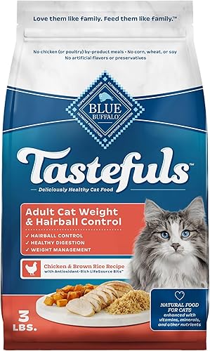 Blue Buffalo Tastefuls Weight & Hairball Control Alimento seco natural para gatos adultos, bolsa resellable de 3 libras
