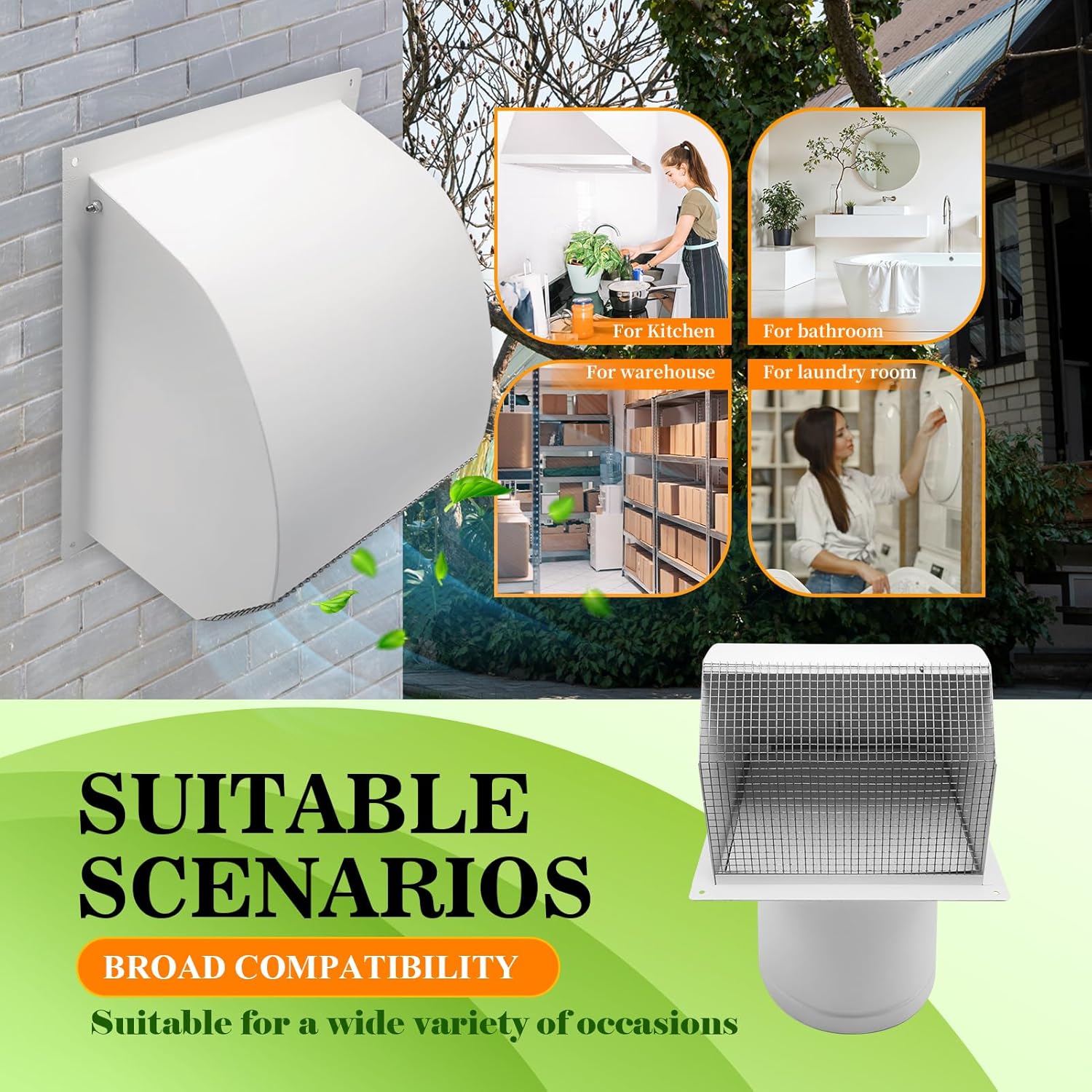 8 Inch Wall Vent, Heavy-Duty Galvanized Steel Hooded Wall Vent Cover with Screen and Damper Exhaust Vents Cover Cap Wall-Mount Outside for House Kitchen Bathroom Dryer Ventilation