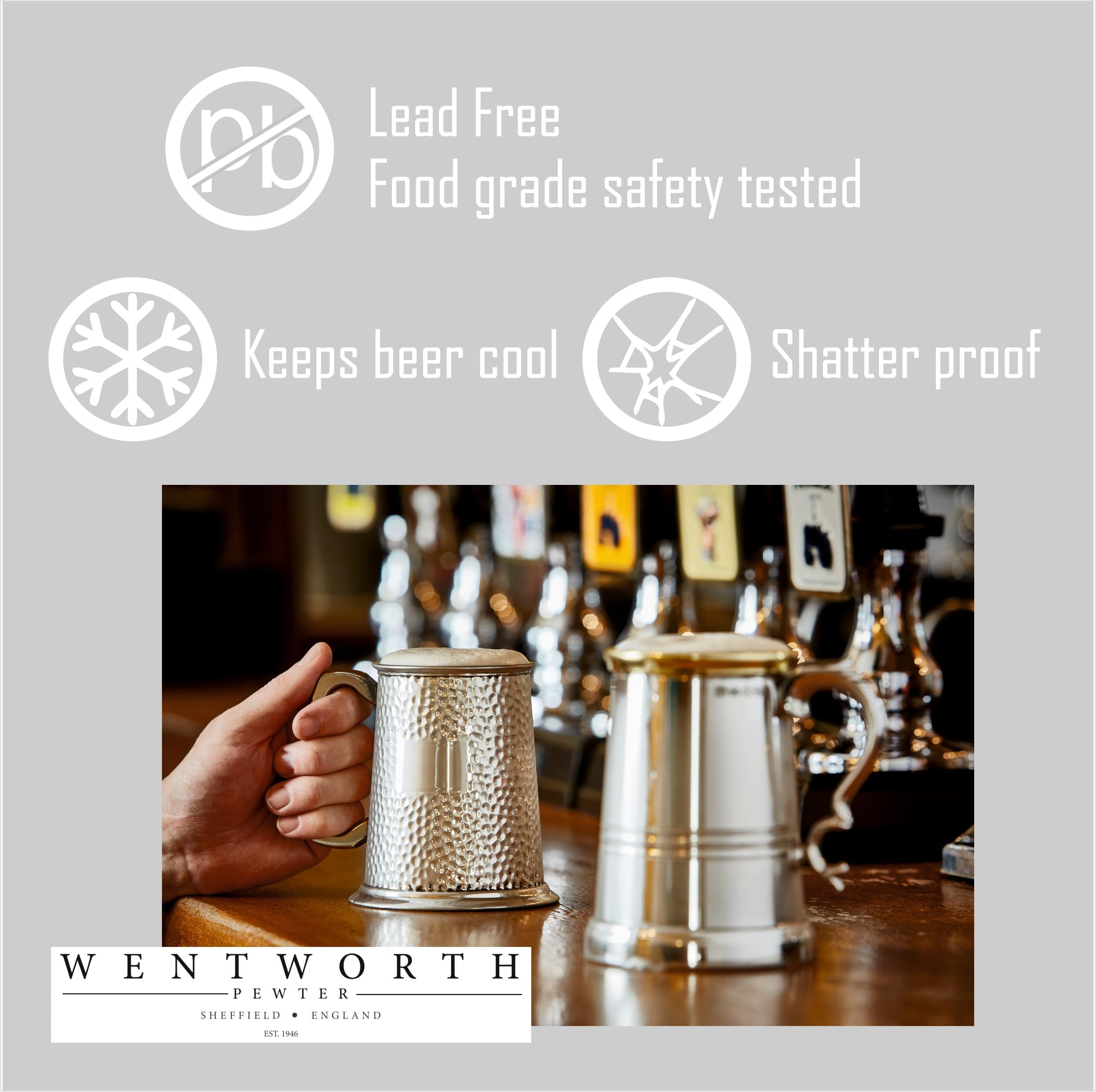 Wentworth Pewter - Chope en étain de 1 pinte standard avec fond en verre, gravure gratuite, mariage, témoin, anniversaire, fête des pères, départ à la retraite, en coffret cadeau
