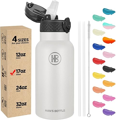 Han's Bottle Botella de agua para niños con tapa con pajilla, vaso reutilizable de acero inoxidable aislado para niños pequeños, niñas, niños, taza
