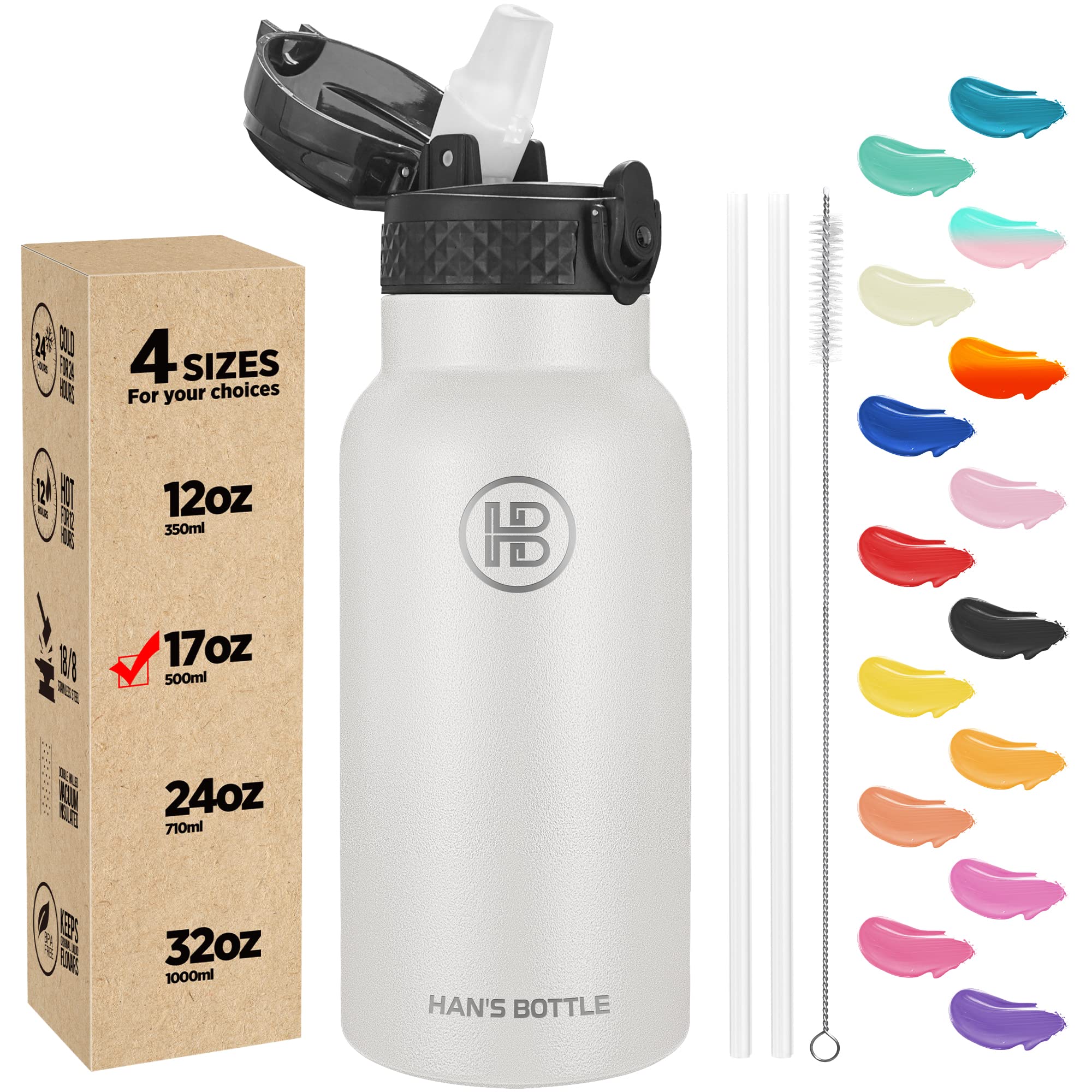 Han's Bottle Kids Water Bottle with Straw Lid - Insulated Stainless Steel Reusable Tumbler for Girls,Boys,Thermo Mug,17oz,White