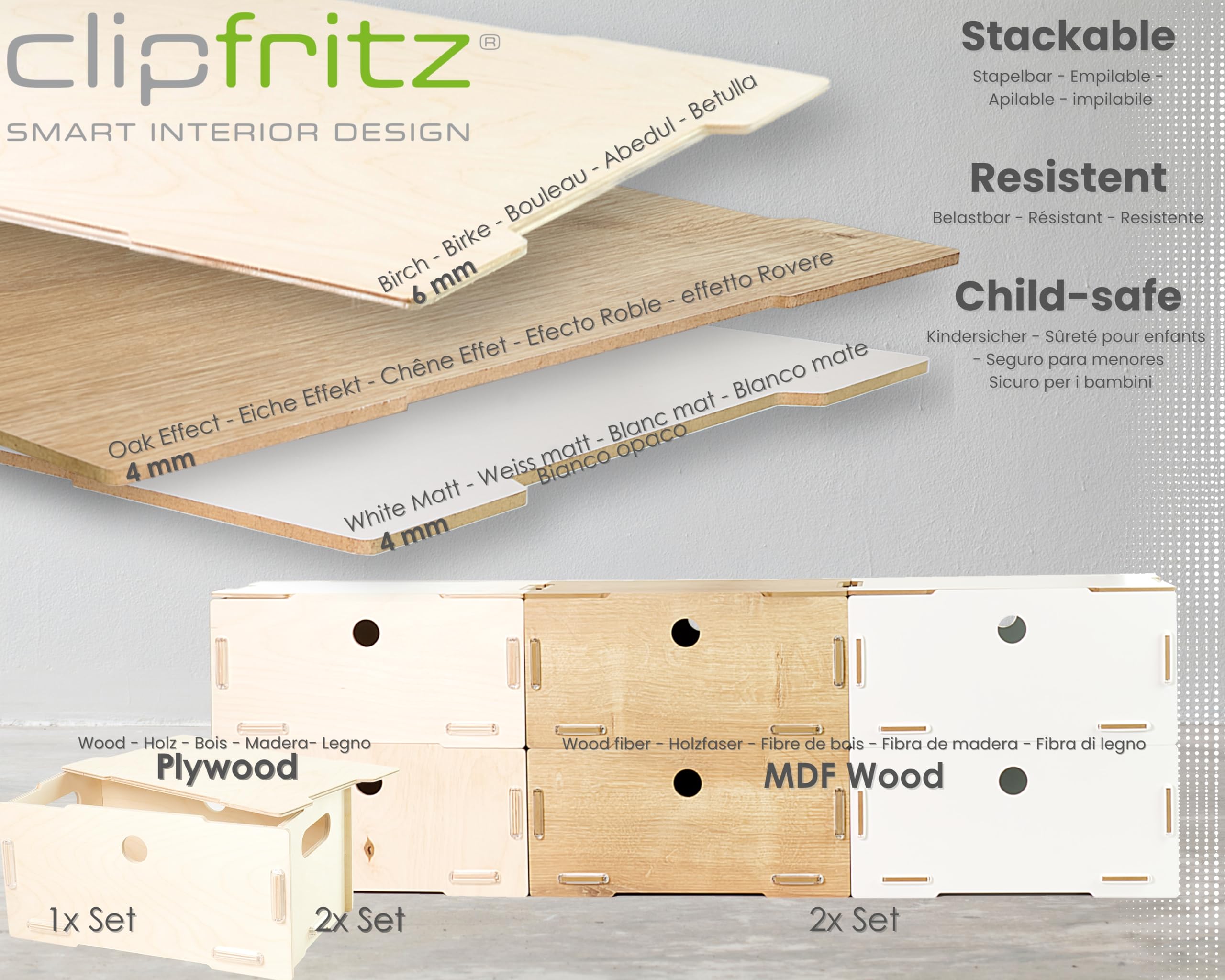 clipfritz, Set of 2 Boxes with Lids MDF Wood Approx. 30 x 20 x 14 cm, Storage Box Stackable as All-Purpose Box - Image 3