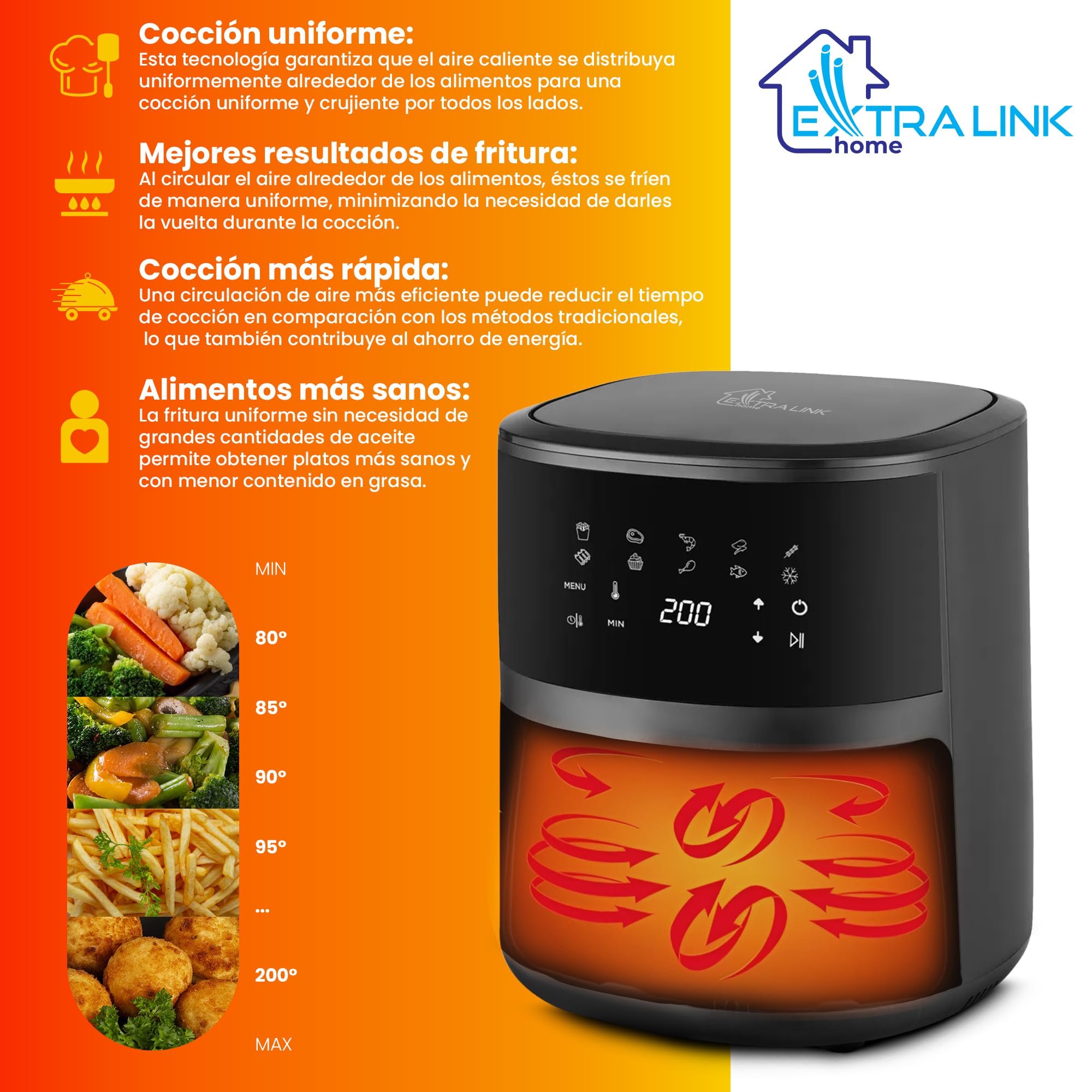 Extralink Freidora Aire 4.2L 1400W con 10 Funciones de Cocina – Airfryer Compacta, Eficiente Energéticamente, Pantalla Táctil LED, Apta para Lavavajillas, 90% Menos Grasa, 80°C a 200°C
