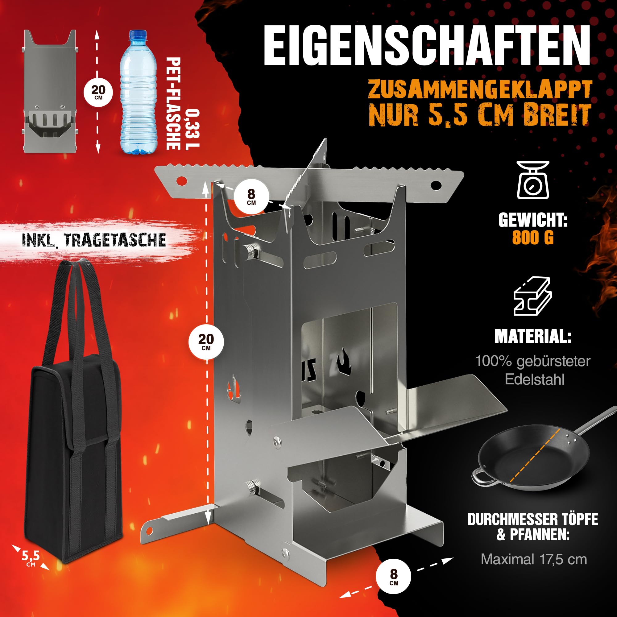 Zentorno® Rocket Stove 2023 - Estufa de leña para exteriores de acero inoxidable (inoxidable, para sartenes y ollas de hasta 17,5 cm de diámetro)