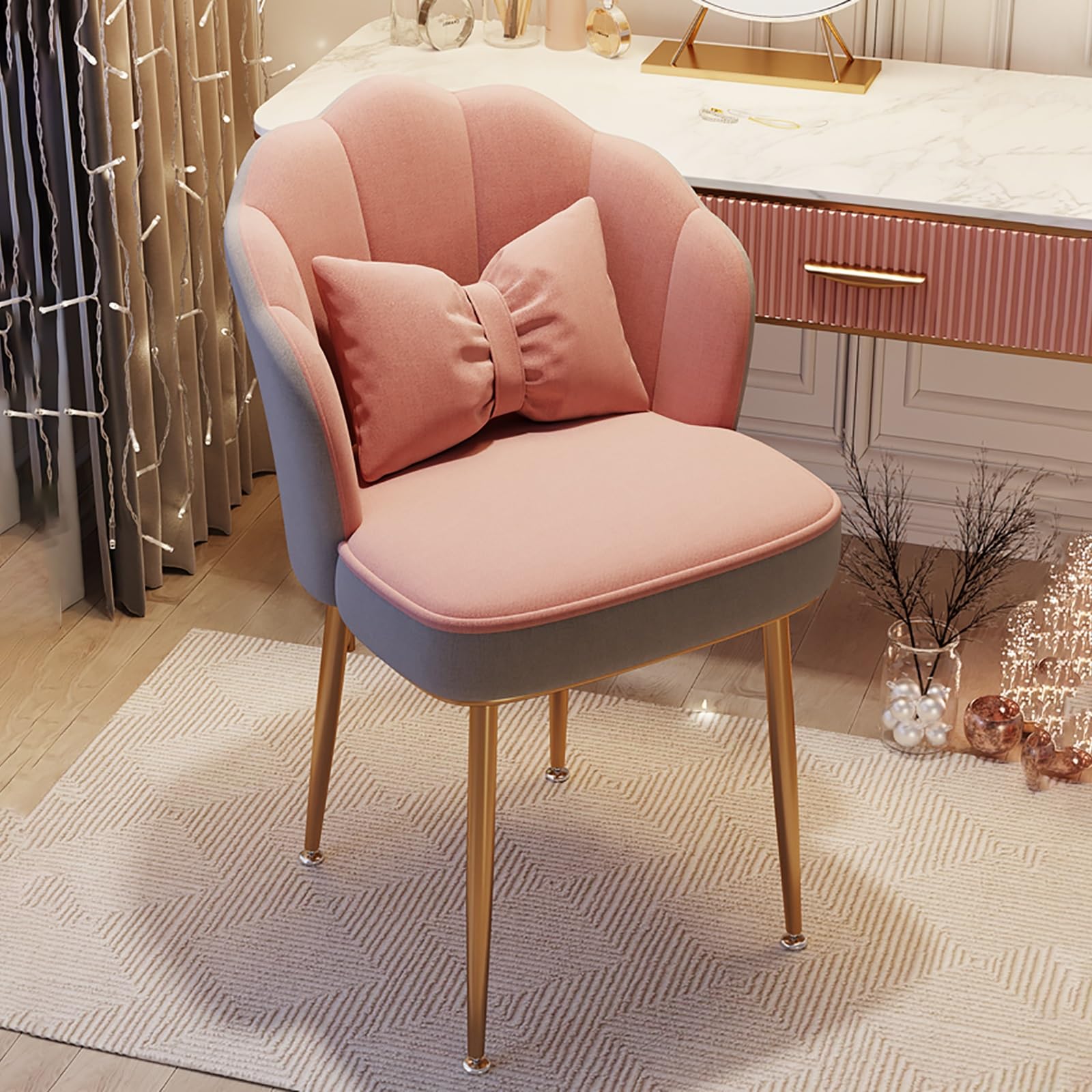 Furniliving Samt-Schminkhocker Mit Rückenlehne – Rosa, Goldene Beine, Für Make-up-Tisch