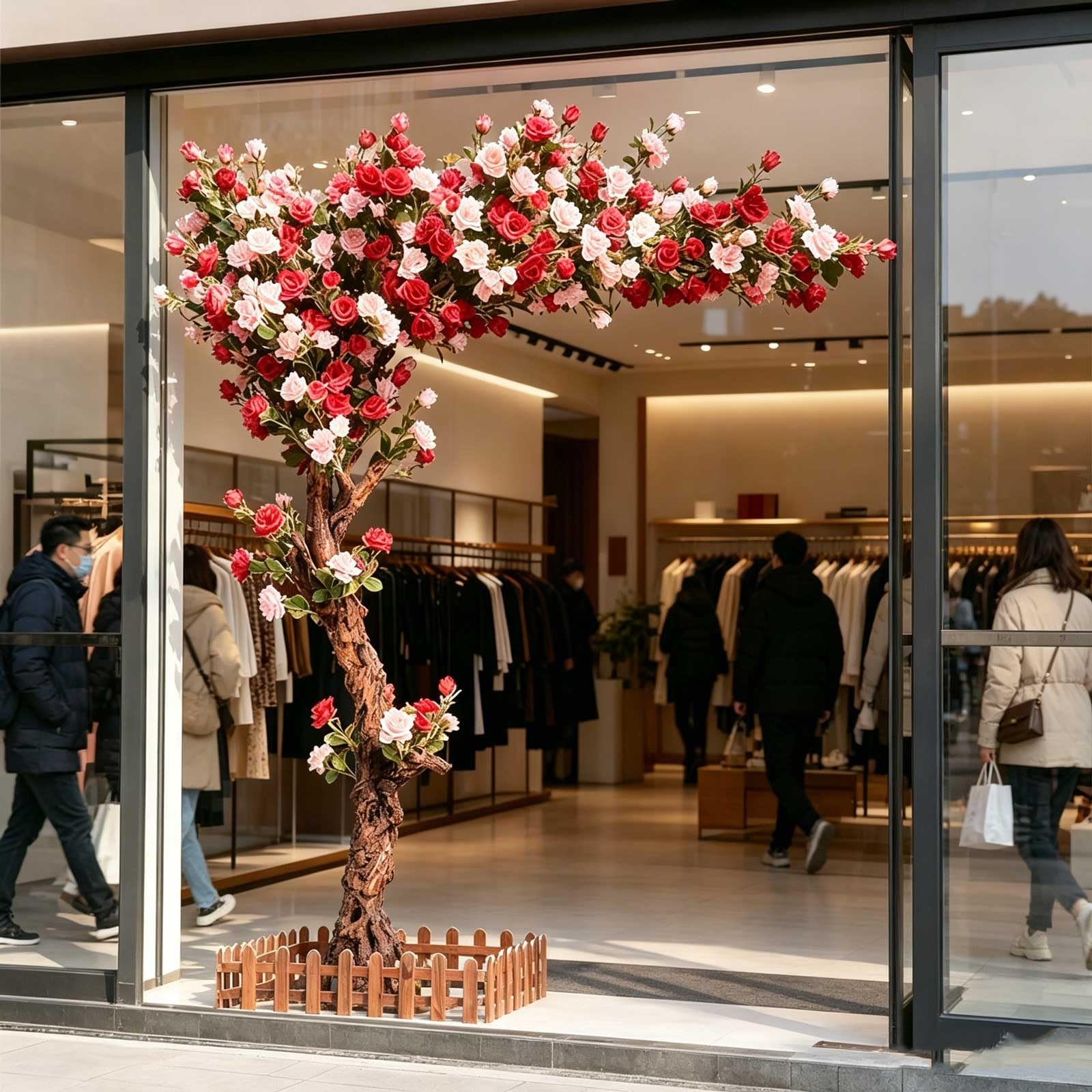 KIBONCY Large Freestanding Mixed Artificial Rose Wishing Tree, Faux Camellia Hydrangea Simulation Floral, Indoor Outdoor Decor for Hotel Lobby Company Window Rockery Landscape(3.5x2.5m)