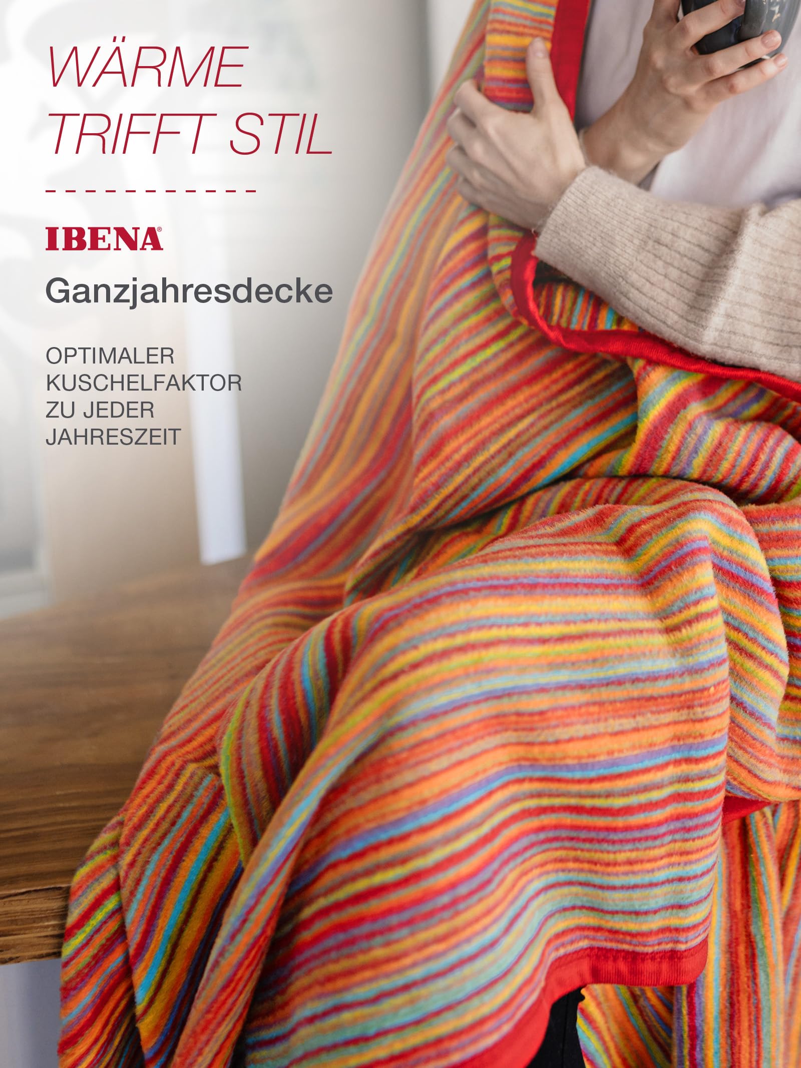 Ibena Malang Wolldecke 150x200 cm - Baumwollmix weich, warm & waschbar, Kuscheldecke Streifen bunt