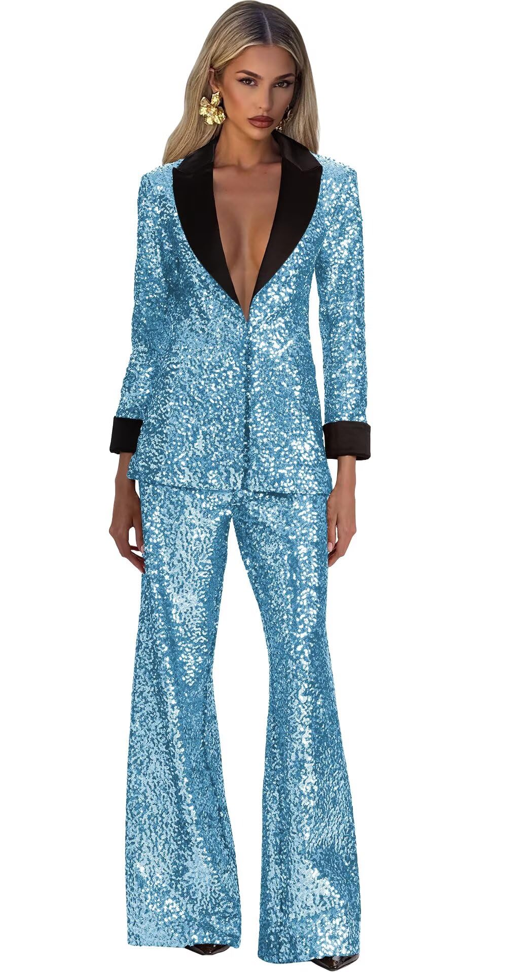 Sequin Suits for Women 2025 Sparkly Womens Pant Suit V Neck 2 Piece Party Outfits with Wide Leg