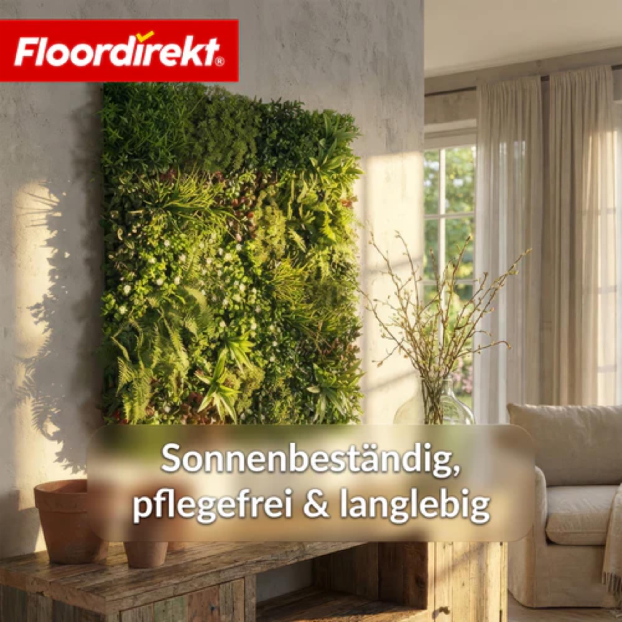 Floordirekt Ścianka dla roślin Wonderland 100 x 100 cm, sztuczna ściana z systemem zatrzaskowym, wierna naturalna, bez pielęgnacji zielona ściana, do użytku wewnątrz i na zewnątrz