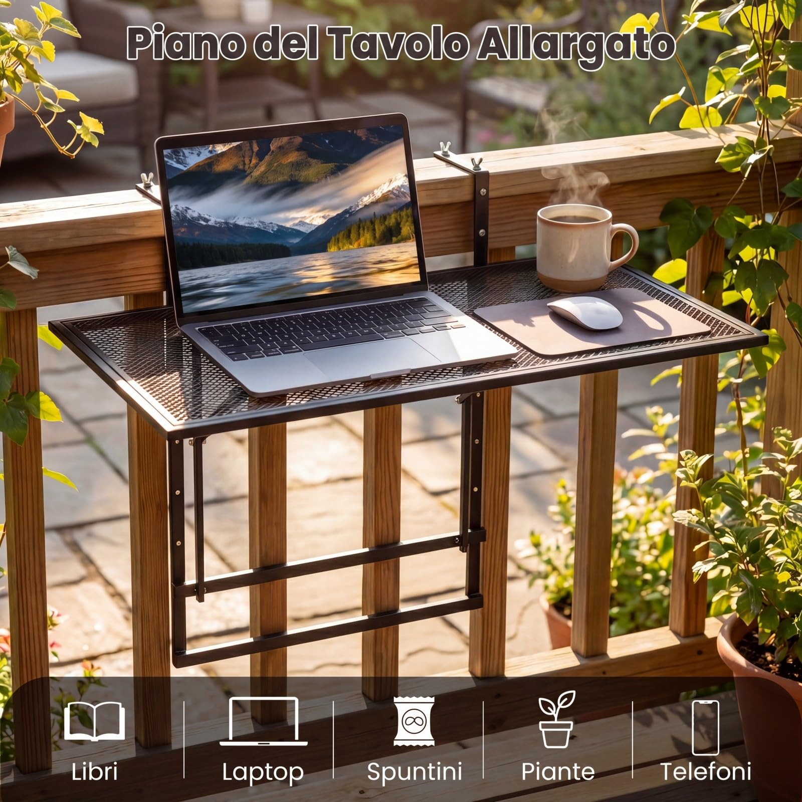 COSTWAY Tavolino Pieghevole da Balcone, Tavolino da Appendere | in Metallo per Ringhiera con Piano d'Appoggio Ampio, 5 Posizioni Regolabili, Tavolo Richiudibile