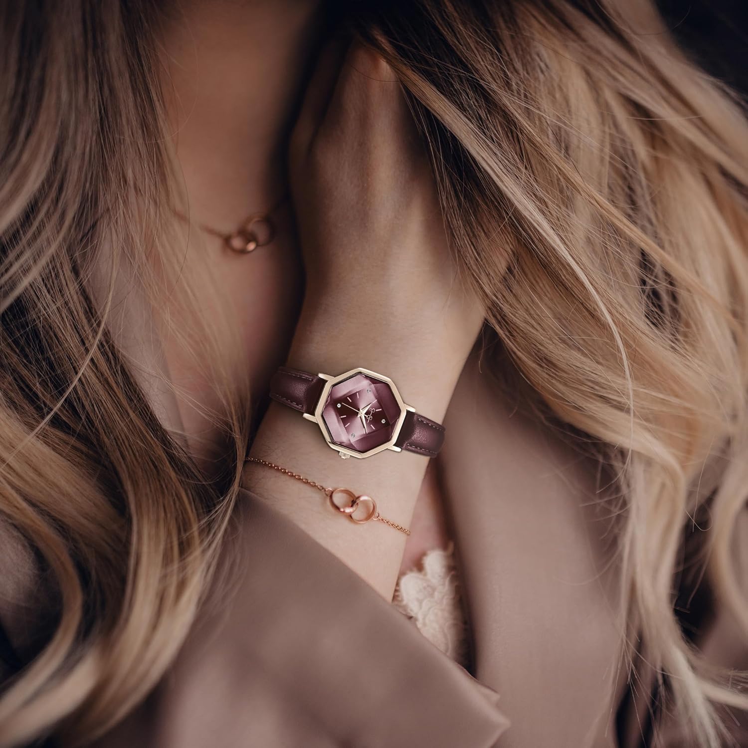 Jessica Simpson Women's Leather Band Watch, Octagon Faceted Crystal Dial, Classic Quartz Movement, Stylish Dress Watch for Women - Image 3