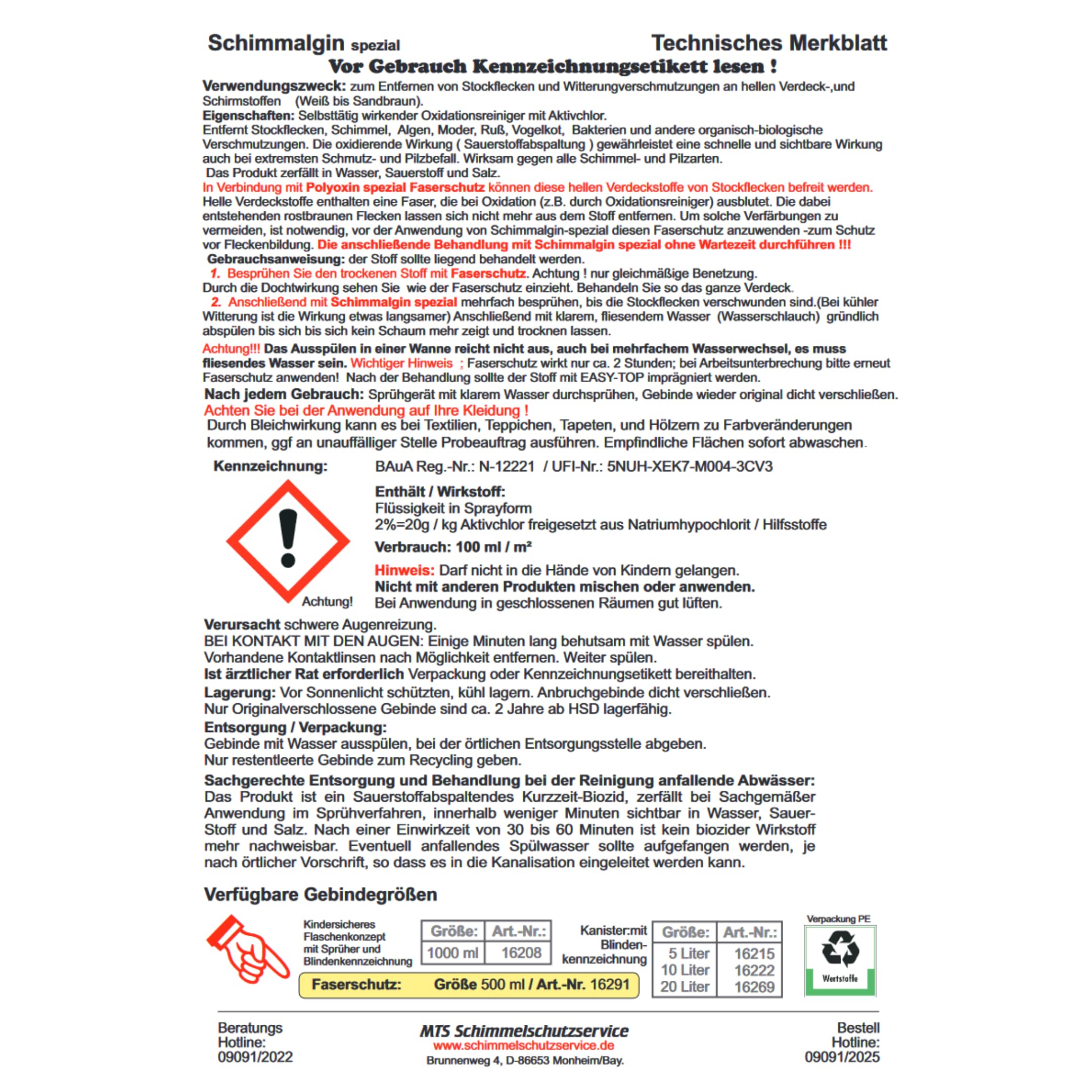 Generisch Schimmalgin Spezial Stockfleckenreiniger 1L Schimmelentferner Stoffe Outdoorstoffe Boot Markise Plane Vogelkot Moder Moos Textilien zahlreiche organische Verschmutzungen
