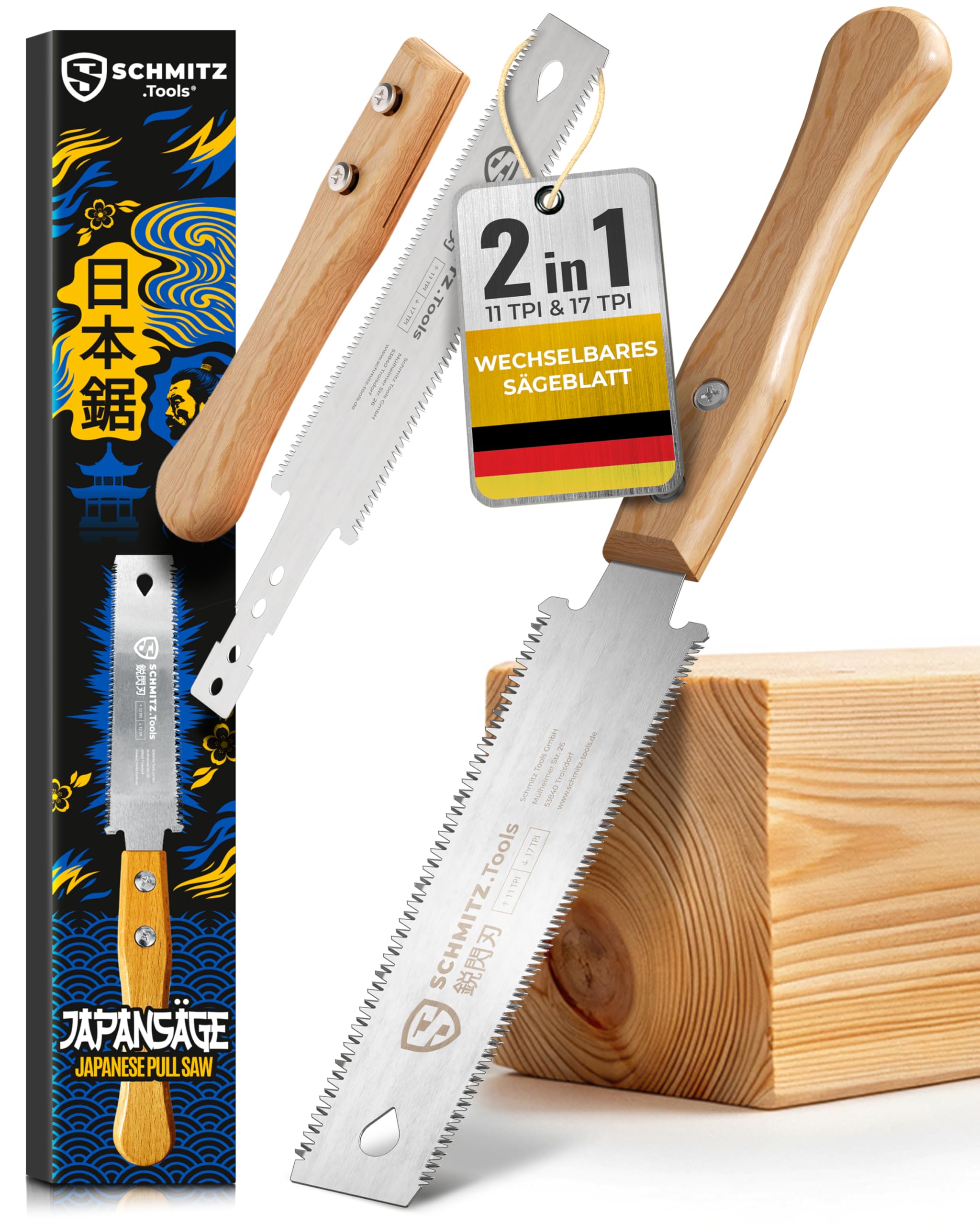 SCHMITZ.Tools Japansäge Handsäge Holz - Japanische Zugsäge - Extrem scharf, Doppelseitig 11/17 TPI - Japan Säge - Glatte & kontrollierte Schnitte - Japanese Saw – Japansäge Klein - Heller Griff