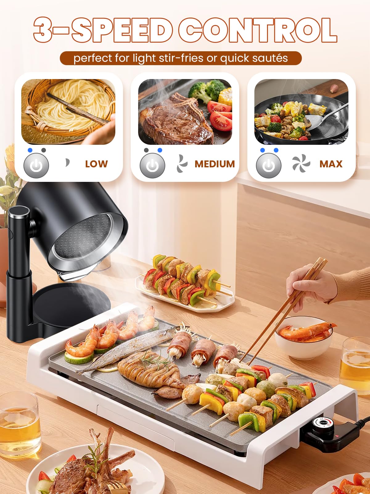 NEWTRY Cappa aspirante portatile – Potente 3 velocità di aspirazione compatta Mini aspiratore portatile con 2 filtri lavabili per casa, cucina, roulotte, esterni, hotpot Grill