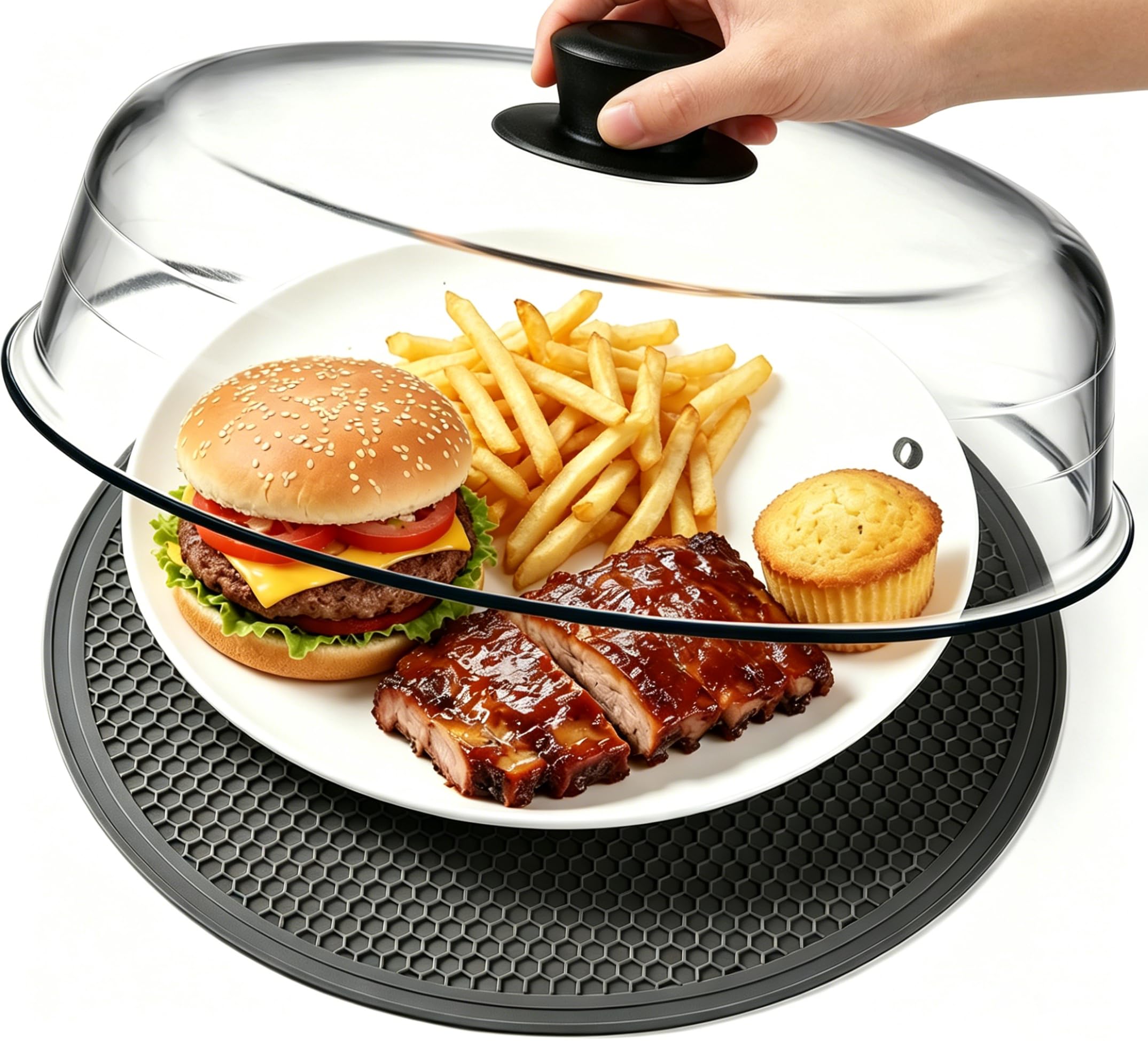 Copertura per alimenti in vetro per microonde, con manico in silicone e tovaglietta, senza BPA, lavabile in lavastoviglie,