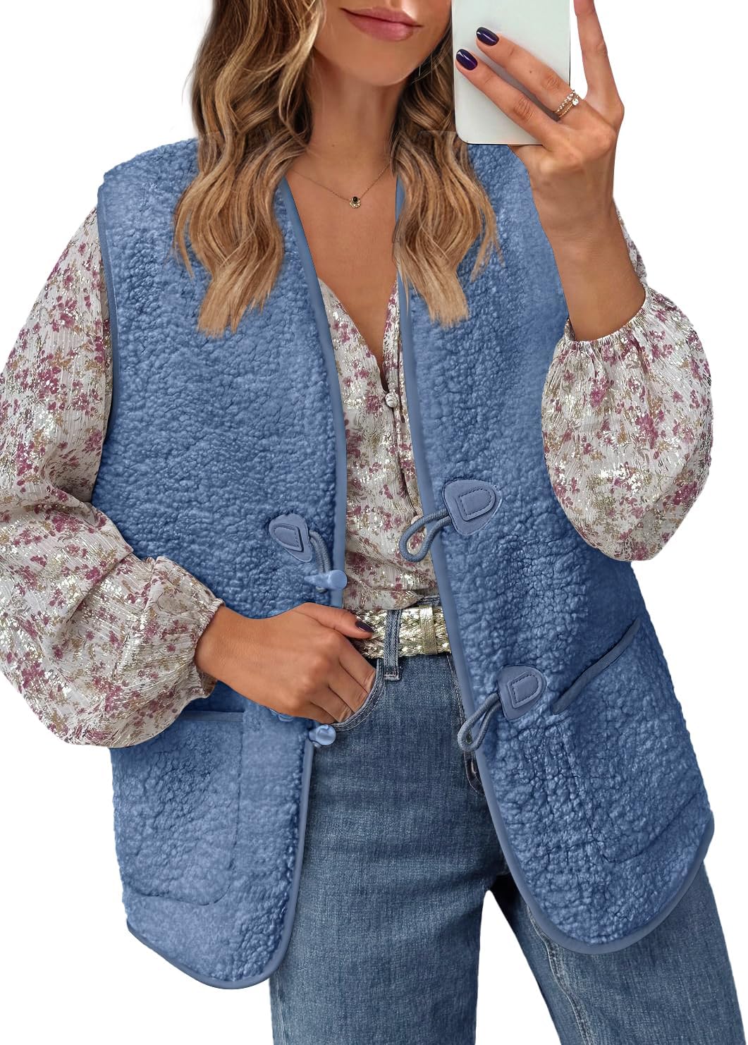 MEROKEETY Women's Fuzzy Fleece Vest Sherpa Jacket Sleeveless Button Fall Warm Outerwear with Pockets (Medium)
