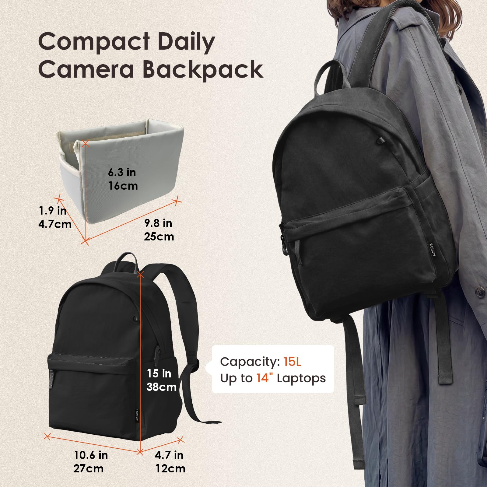 TARION Zaino Fotografico Borsa Fotografica: Zaino Fotocamera per Tutti i Giorni Casuale Leggra con Scomparto per Laptop da 14 pollici per Fotografia Reflex ONCE IT 15 (Nero)