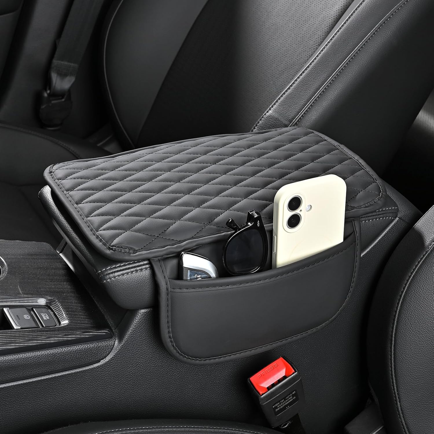 Arm Rest Cover for Car, Microfiber Leather Universal Car Console Covers Accessories with 2 Storage Bags, Black
