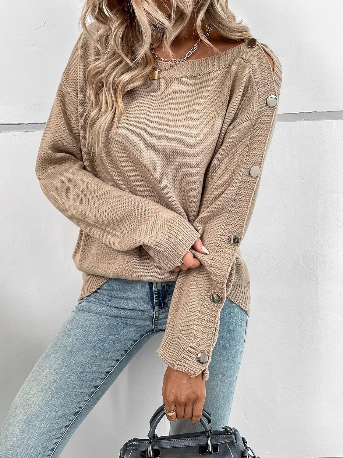 Women's Sweater Drop Shoulder Button Detail Sweater Sweater for Women (Color : Mocha Brown, Size : Small)