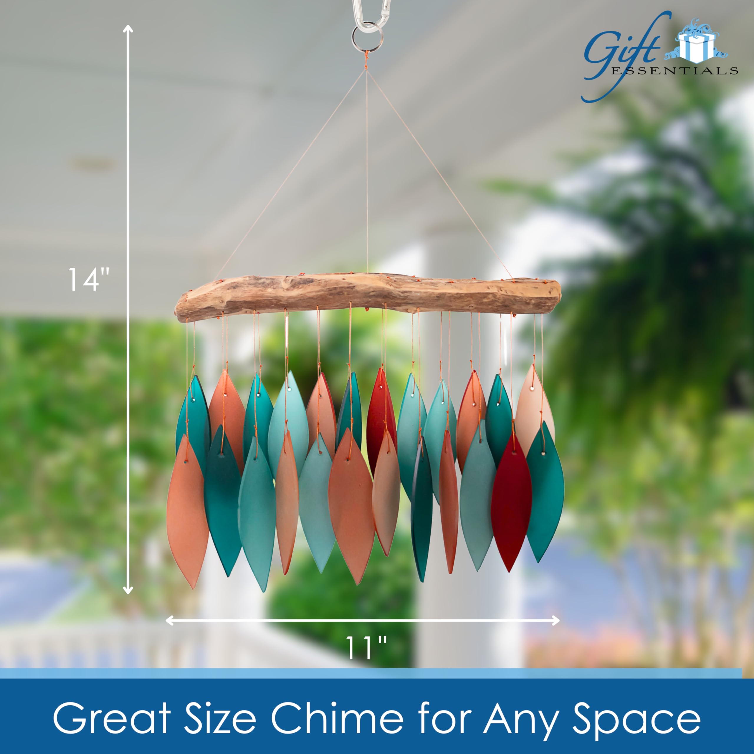 Gift Essentials Blue Handworks Carillon éolien en verre et bois flotté Corail et bleu sarcelle, verre sablé et bois trouvé, fabriqué à la main, 27,9 x 12,7 x 27,9 cm