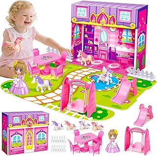 Dream Princess Doll House for Little Girls, Foldable Pink Dollhouse with Unicorns, Swing, Furniture and Accessories, Educational Pretend Playset Toys Gift for Kids Toddler Ages 3-5