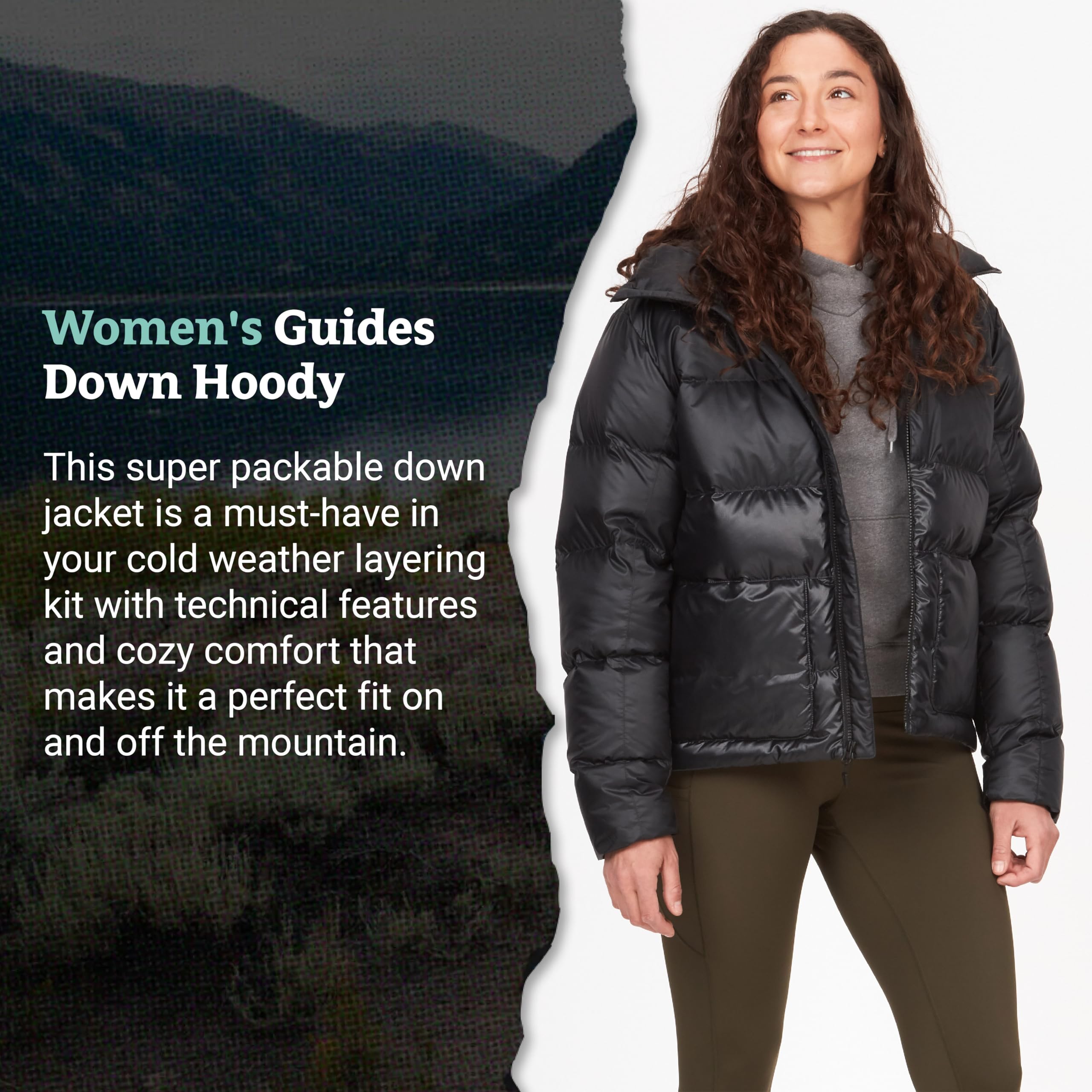 Marmot Mujer Wm's Guides Down Hoody, Cálida chaqueta ligera de plumón para invierno, acolchada repelente al agua, funcional con cortaviento, pequeña plegable con capucha, Black, L
