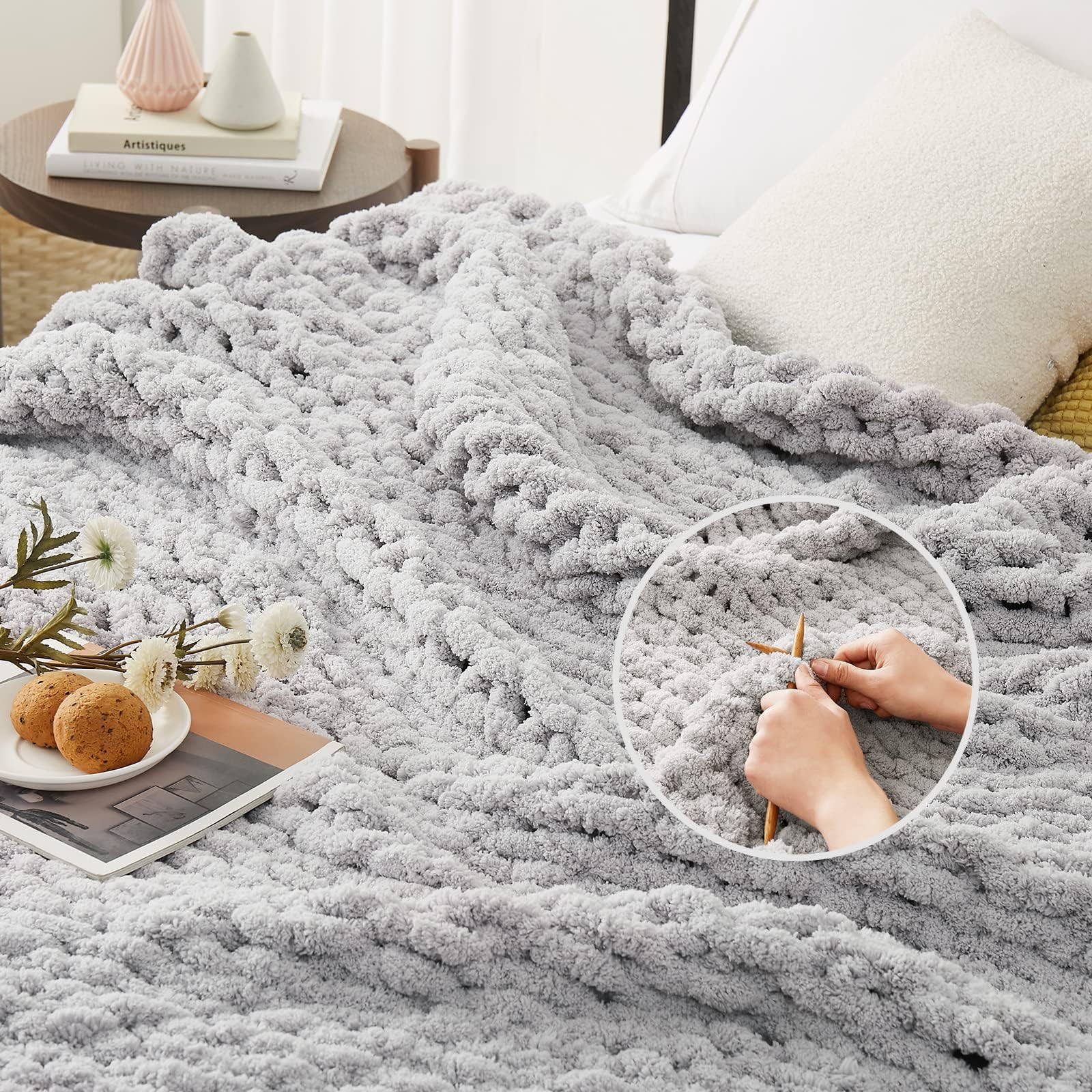 L'AGRATY Chunky-Strickdecke Grau (150x200 cm), Weiche Chenille-Garn Wurfdecke, Handgemachte Zopfstrick-Decke, Kuschelige Häkeldecke für Sofa, Bett & Wohnkultur
