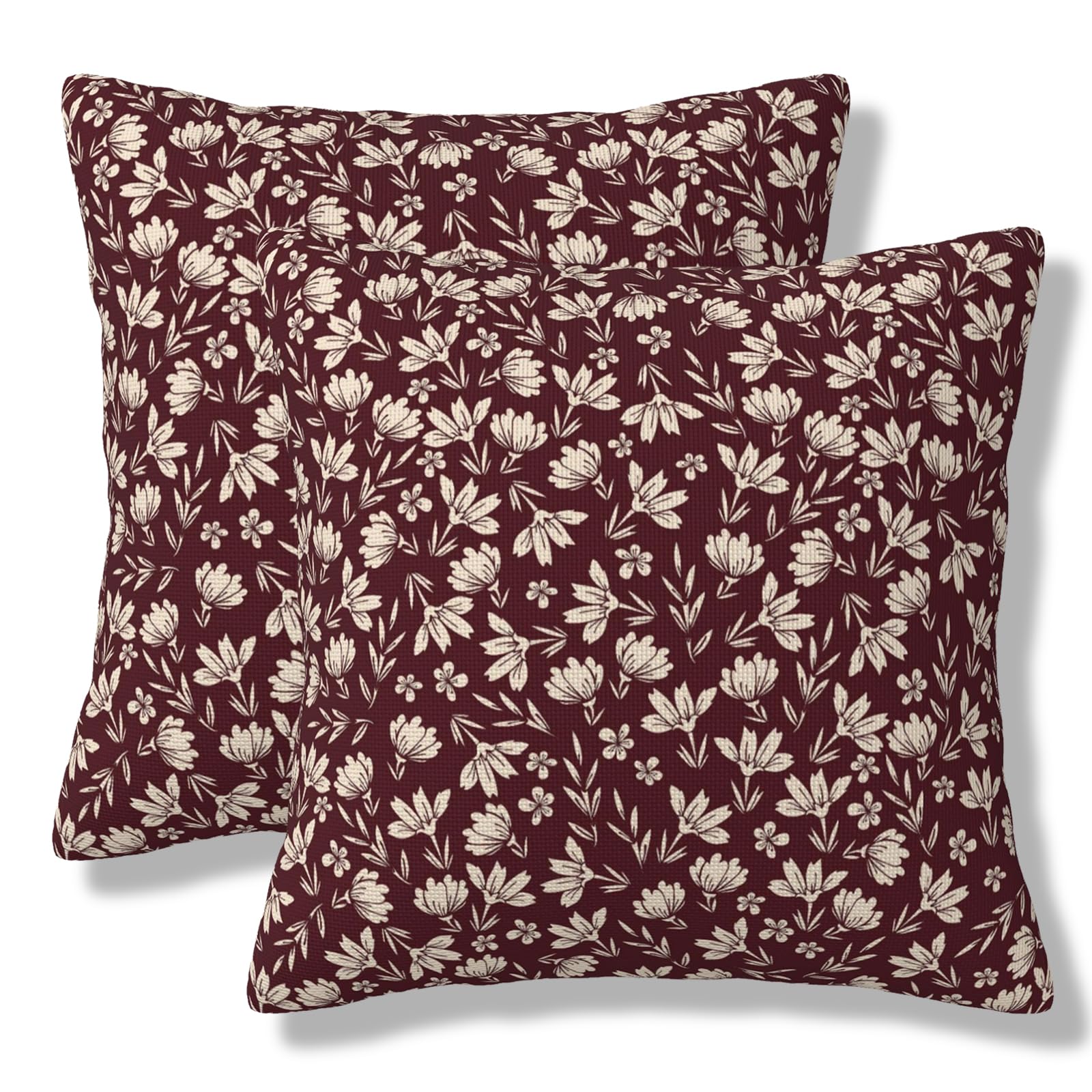 JOVITRA Burgundy Floral Throw Pillow Covers Vintage Rustic Old Style Square Pillow Cases 20x20 Inch Set of 2 Small Flowers Print Cushion Cover