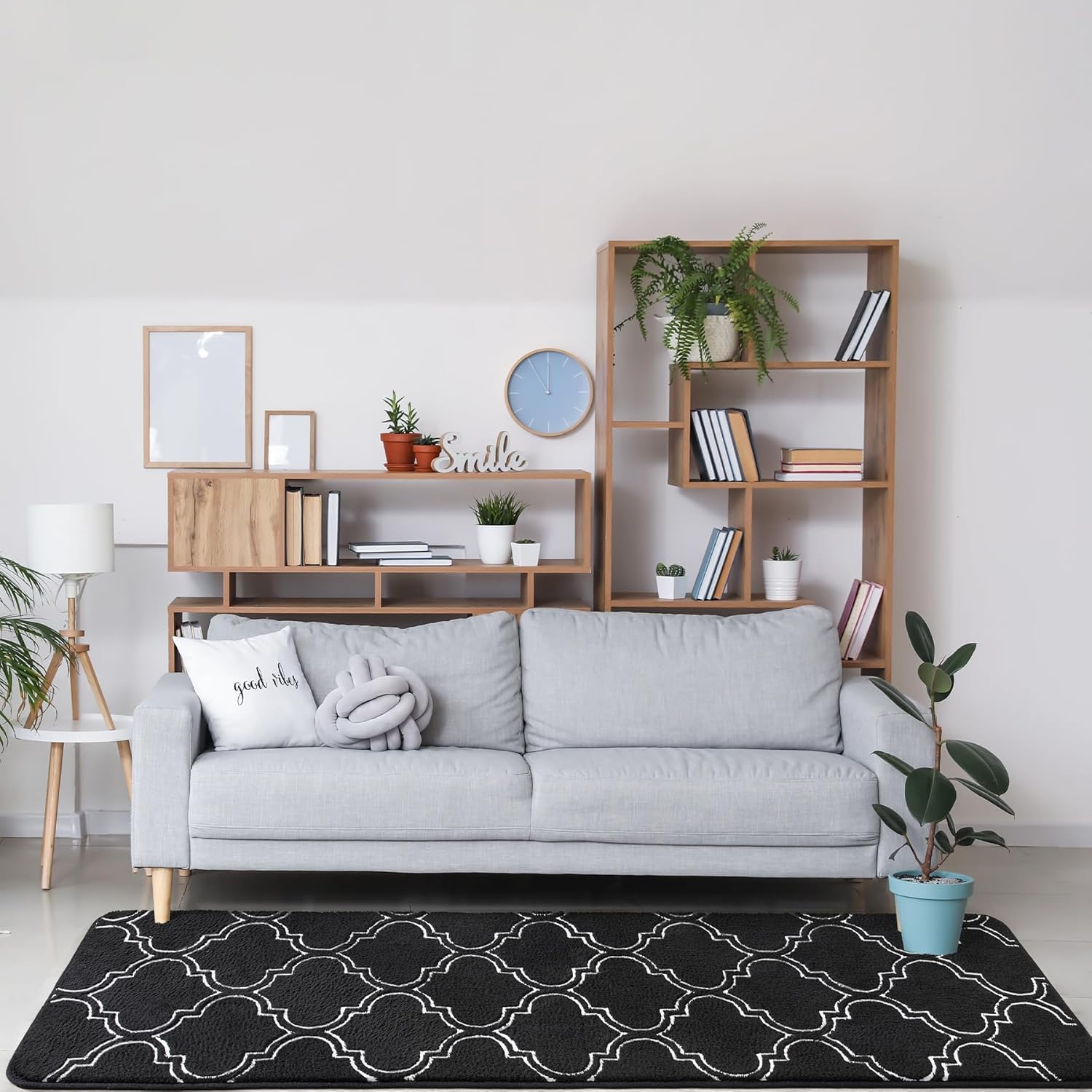 Chicrug Shag Geometric Modern Runner Rug for Bedroom, 2x6 Feet Memory Foam Indoor Hallway Runner Carpet, Fluffy Rug for Living Room Bedside Room Decor for Family, Black/White