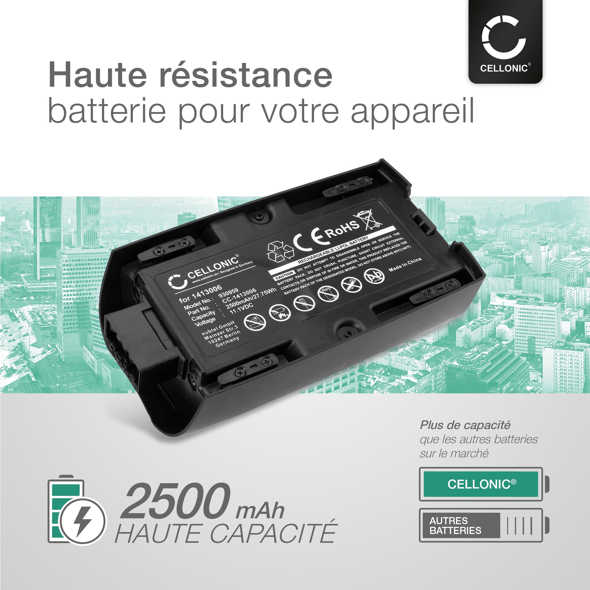 CELLONIC, Batterie pour Drone Compatible avec Parrot Bebop 2, Bebop 2 Pro (2500mAh, 11.1V)