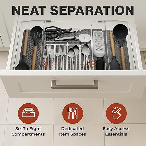Miniatura 3 de Masirs Organizador de cajones de utensilios expandible, bandeja de cubiertos transparente de plástico sin BPA con múltiples compartimentos,
