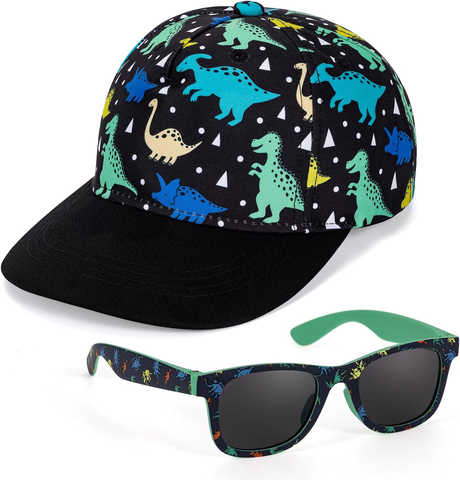 Kids Dinosaur Baseball Cap Sunglasses Set, Summer Sun Hat Adjustable Dinosaur Hat Trucker Cap Visor Cap for Boys Girls Black