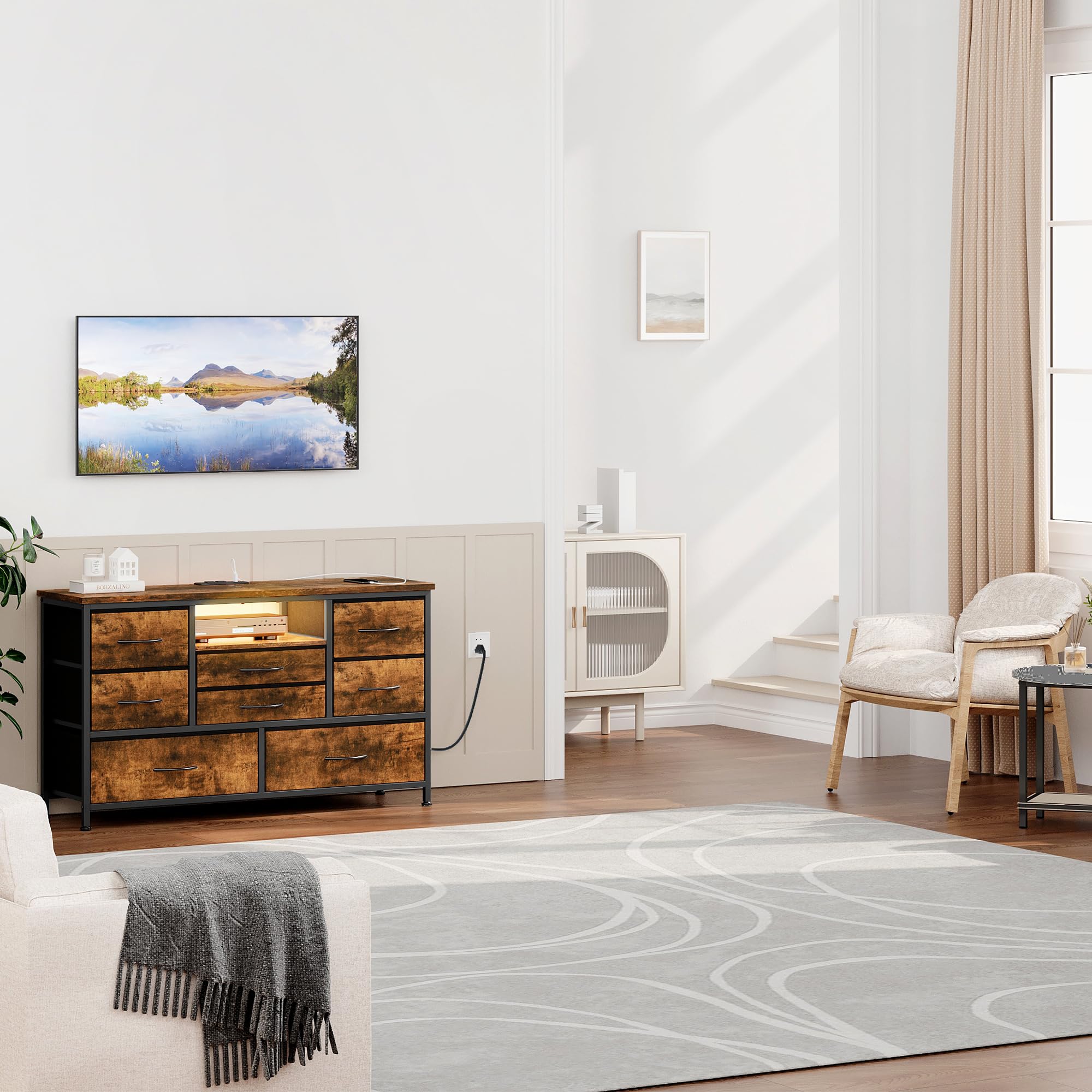 Garvee Commode de Chambre 8 Tiroirs en Tissu, Meuble TV avec Lumière LED, Station de Charge, Meuble de Rangement pour Chambre Enfants, Salon, Couloir