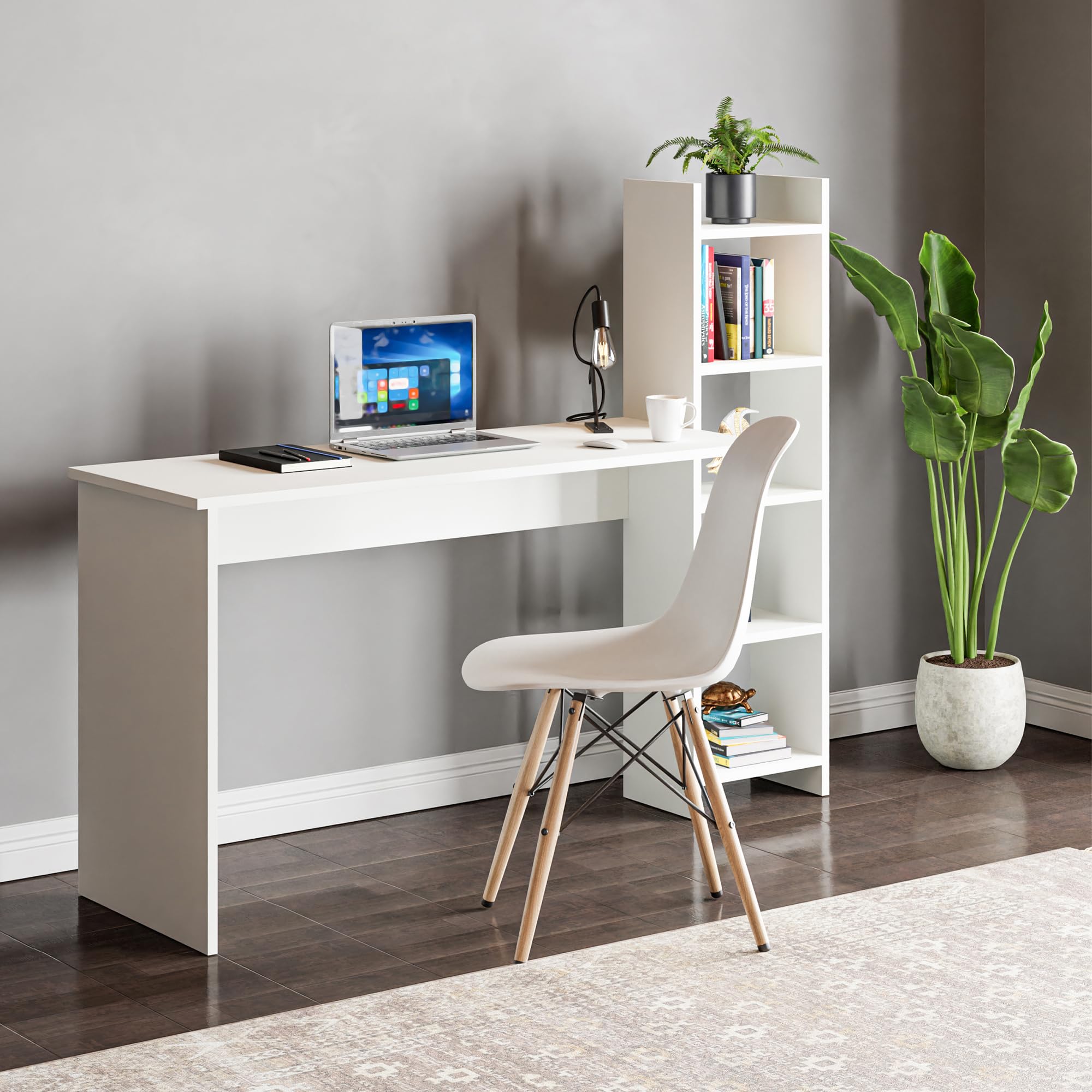 [en.​casa] Escritorio Chagtuniejle con Estantería Incorporada de 5 Niveles Práctica Mesa de Ordenador Rectangular (120x45 cm) con 5 Estantes Hogar Oficina Aglomerado 150 x 45 x 120 cm Blanco