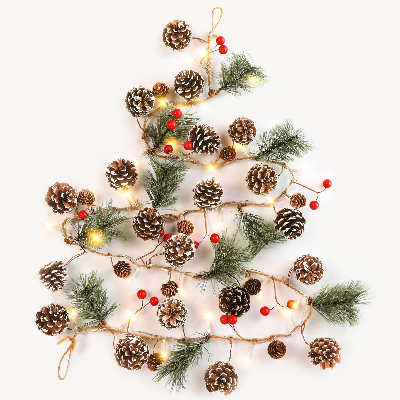 SHareconn 2PCS 6FT(2 * 180cm) Artificial Christmas Garland with Prelit Lights,Snow Pine Cone&Red Berry String for Mantle Stairs Fireplace Xmas Decorations/Indoor Outdoor Christmas Decor,Snow