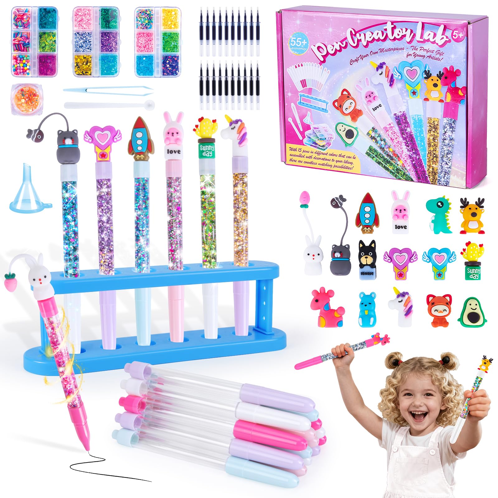 FGZU Laboratorio delle Penne 55+ Pezzi, Fabbrica delle Penne per Crea 15 Penne, Lavoretti Creativi per Bambini, idee Regalo per Bambina 6 7 8 9 10 Anni